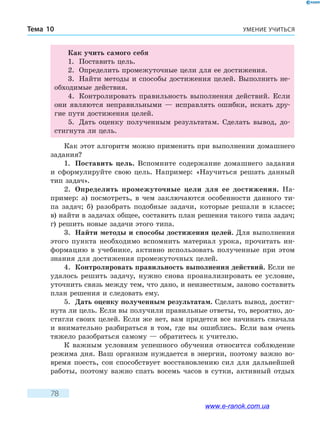 УМЕНИЕ УЧИТЬСЯТема 10
78
Как учить самого себя
1.	 Поставить цель.
2.	 Определить промежуточные цели для ее достижения.
3.	 Найти методы и способы достижения целей. Выполнить не-
обходимые действия.
4.	 Контролировать правильность выполнения действий. Если
они являются неправильными — исправлять ошибки, искать дру-
гие пути достижения целей.
5.	 Дать оценку полученным результатам. Сделать вывод, до-
стигнута ли цель.
Как этот алгоритм можно применить при выполнении домашнего
задания?
1.	 Поставить цель. Вспомните содержание домашнего задания
и  сформулируйте свою цель. Например: «Научиться решать данный
тип задач».
2.	 Определить промежуточные цели для ее достижения. На­
пример: а) посмотреть, в чем заключаются особенности данного ти-
па задач; б) разобрать подобные задачи, которые решали в классе;
в) найти в задачах общее, составить план решения такого типа задач;
г) решить новые задачи этого типа.
3.	 Найти методы и способы достижения целей. Для выполнения
этого пункта необходимо вспомнить материал урока, прочитать ин-
формацию в учебнике, активно использовать полученные при этом
знания для достижения промежуточных целей.
4.	 Контролировать правильность выполнения действий. Если не
удалось решить задачу, нужно снова проанализировать ее условие,
уточнить связь между тем, что дано, и неизвестным, заново составить
план решения и следовать ему.
5.	 Дать оценку полученным результатам. Сделать вывод, достиг-
нута ли цель. Если вы получили правильные ответы, то, вероятно, до-
стигли своих целей. Если же нет, вам придется все начинать сначала
и внимательно разбираться в том, где вы ошиблись. Если вам очень
тяжело разобраться самому — обратитесь к учителю.
К важным условиям успешного обучения относится соблюдение
режима дня. Ваш организм нуждается в энергии, поэтому важно во-
время поесть, сон способствует восстановлению сил для дальнейшей
работы, поэтому важно спать восемь часов в сутки, активный отдых
www.e-ranok.com.ua
 