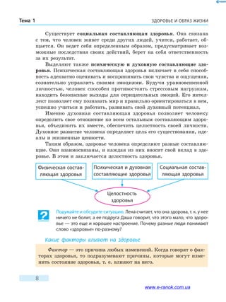 ЗДОРОВЬЕ И ОБРАЗ ЖИЗНИТема 1
8
Существует социальная составляющая здоровья. Она связана
с  тем, что человек живет среди других людей, учится, работает, об-
щается. Он ведет себя определенным образом, предусматривает воз-
можные последствия своих действий, берет на себя ответственность
за их результат.
Выделяют также психическую и духовную составляющие здо-
ровья. Психическая составляющая здоровья включает в себя способ-
ность адекватно оценивать и воспринимать свои чувства и ощущения,
сознательно управлять своими эмоциями. Будучи уравновешенной
личностью, человек способен противостоять стрессовым нагрузкам,
находить безопасные выходы для отрицательных эмоций. Его интел-
лект позволяет ему познавать мир и правильно ориентироваться в нем,
успешно учиться и работать, развивать свой духовный потенциал.
Именно духовная составляющая здоровья позволяет человеку
определить свое отношение ко всем остальным составляющим здоро-
вья, объединить их вместе, обеспечить целостность своей личности.
Духовное развитие человека определяет цель его существования, иде-
алы и жизненные ценности.
Таким образом, здоровье человека определяют разные составляю-
щие. Они взаимосвязаны, и каждая из них вносит свой вклад в здо-
ровье. В этом и заключается целостность здоровья.
Физическая состав-
ляющая здоровья
Психическая и духовная
составляющие здоровья
Социальная состав-
ляющая здоровья
Целостность
здоровья
Подумайте и обсудите ситуацию. Лена считает, что она здорова, т. к. у нее
ничего не болит, а ее подруга Даша говорит, что этого мало, что здоро-
вье — это еще и хорошее настроение. Почему разные люди понимают
слово «здоровье» по-разному?
Какие факторы влияют на здоровье
Фактор — это причина любых изменений. Когда говорят о фак-
торах здоровья, то подразумевают причины, которые могут изме-
нить состояние здоровья, т. е. влияют на него.
www.e-ranok.com.ua
 