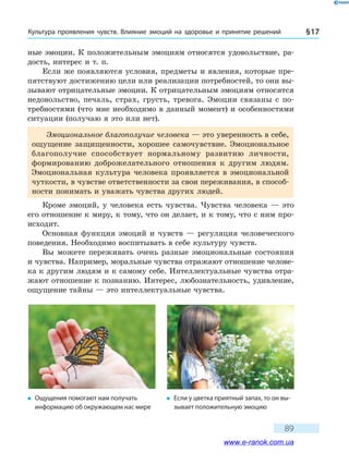 Культура проявления чувств. Влияние эмоций на здоровье и принятие решений § 17
89
ные эмоции. К положительным эмоциям относятся удовольствие, ра-
дость, интерес и т. п.
Если же появляются условия, предметы и явления, которые пре-
пятствуют достижению цели или реализации потребностей, то они вы-
зывают отрицательные эмоции. К отрицательным эмоциям относятся
недовольство, печаль, страх, грусть, тревога. Эмоции связаны с по-
требностями (что мне необходимо в данный момент) и особенностями
ситуации (получаю я это или нет).
Эмоциональное благополучие человека — это уверенность в себе,
ощущение защищенности, хорошее самочувствие. Эмоциональное
благополучие способствует нормальному развитию личности,
формированию доброжелательного отношения к другим людям.
Эмоциональная культура человека проявляется в эмоциональной
чуткости, в чувстве ответственности за свои переживания, в способ-
ности понимать и уважать чувства других людей.
Кроме эмоций, у человека есть чувства. Чувства человека — это
его отношение к миру, к тому, что он делает, и к тому, что с ним про-
исходит.
Основная функция эмоций и чувств — регуляция человеческого
поведения. Необходимо воспитывать в себе культуру чувств.
Вы можете переживать очень разные эмоциональные состояния
и чувства. Например, моральные чувства отражают отношение челове-
ка к другим людям и к самому себе. Интеллектуальные чувства отра-
жают отношение к познанию. Интерес, любознательность, удивление,
ощущение тайны — это интеллектуальные чувства.
�	 Ощущения помогают нам получать
информацию об окружающем нас мире
�	 Если у цветка приятный запах, то он вы-
зывает положительную эмоцию
www.e-ranok.com.ua
 