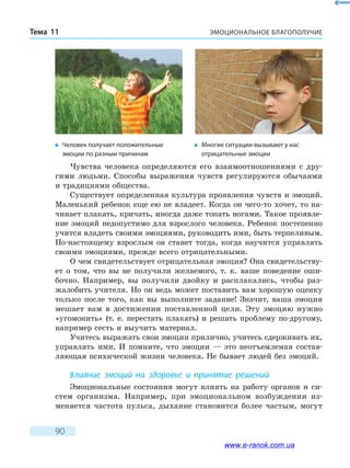 ЭМОЦИОНАЛЬНОЕ БЛАГОПОЛУЧИЕТема 11
90
Чувства человека определяются его взаимоотношениями с дру-
гими людьми. Способы выражения чувств регулируются обычаями
и традициями общества.
Существует определенная культура проявления чувств и эмоций.
Маленький ребенок еще ею не владеет. Когда он чего-то хочет, то на-
чинает плакать, кричать, иногда даже топать ногами. Такое проявле-
ние эмоций недопустимо для взрослого человека. Ребенок постепенно
учится владеть своими эмоциями, руководить ими, быть терпеливым.
По-настоящему взрослым он станет тогда, когда научится управлять
своими эмоциями, прежде всего отрицательными.
О чем свидетельствует отрицательная эмоция? Она свидетельству-
ет о том, что вы не получили желаемого, т. к. ваше поведение оши-
бочно. Например, вы получили двойку и расплакались, чтобы раз-
жалобить учителя. Но он ведь может поставить вам хорошую оценку
только после того, как вы выполните задание! Значит, ваша эмоция
мешает вам в достижении поставленной цели. Эту эмоцию нужно
«угомонить» (т.  е. перестать плакать) и решать проблему по-другому,
например сесть и выучить материал.
Учитесь выражать свои эмоции прилично, учитесь сдерживать их,
управлять ими. И помните, что эмоции — это неотъемлемая состав-
ляющая психической жизни человека. Не бывает людей без эмоций.
Влияние эмоций на здоровье и принятие решений
Эмоциональные состояния могут влиять на работу органов и  си-
стем организма. Например, при эмоциональном возбуждении из-
меняется частота пульса, дыхание становится более частым, могут
�	 Человек получает положительные
эмоции по разным причинам
�	 Многие ситуации вызывают у нас
отрицательные эмоции
www.e-ranok.com.ua
 