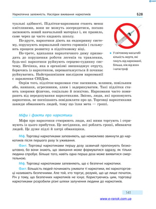 Наркотична залежність. Наслідки вживання наркотиків §28
141
туальні здібності. Підлітки-наркомани стають менш
кмітливими, вони не можуть зосередитися, погано
засвоюють новий навчальний матеріал і, як правило,
саме через це часто кидають школу.
По-друге, наркотики діють на ендокринну систе-
му, порушують нормальний синтез гормонів і гальму-
ють процеси розвитку в підлітковому віці.
По-третє, вдихання наркотичного диму призво-
дить до порушення роботи легенів та травлення,
будь-які наркотики руйнують серцево-судинну сис-
тему. Печінка, яка в організмі знешкоджує отруту,
борючись із наркотиком, перевантажується й починає
руйнуватись. Найстрашнішим наслідком наркоманії
є зараження СНІДом.
Окрім того, підліток-наркоман стає пасивним, млявим, повільним
або, навпаки, агресивним, злим і задерикуватим. Такі підлітки ста-
ють хворими фізично, соціально й психічно. Наркомани часто поми-
рають від передозування наркотиками. Звісно, люди, які пропонують
наркотики, не поспішають повідомляти про це. Торговці наркотиками
завжди обманюють людей, тому що їхня мета — гроші.
Міфи і факти про наркотики
Міфи про наркотики створюють люди, які ними торгують і отри-
мують із цього прибутки. Це негідники, які роблять гроші, вбиваючи
людей. Це дуже підлі й хитрі обманщики.
Міф. торговці наркотиками запевняють, що неможливо звикнути до нар-
котиків після першого разу їх уживання.
Факт. торговці наркотиками першу дозу зазвичай пропонують безко-
штовно, бо вони знають, що звикання може формуватися одразу, як тільки
людина спробує. більше того, навіть одна перша доза може виявитися смер-
тельною.
Міф. торговці наркотиками запевняють, що є безпечні наркотики.
Факт. більшість людей починають уживати ті наркотики, які наркоторгов-
ці називають безпечними. Але той, хто торгує, розуміє, що це лише початок.
Річ у тому, що безпечних наркотиків не існує. Користуючись цим, торговці
наркотиками розробили різні шляхи залучення людини до наркотиків.
� У світовому масштабі
кількість жертв, які
гинуть від наркоманії,
більша, ніж від воєн
і катастроф
www.e-ranok.com.ua
 