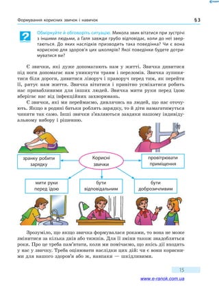 Формування корисних звичок і навичок § 3
15
Обміркуйте й обговоріть ситуацію. Микола звик вітатися при зустрічі
з іншими людьми, а Галя завжди грубо відповідає, коли до неї звер-
таються. До яких наслідків призводить така поведінка? Чи є вона
корисною для здоров’я цих школярів? Якої поведінки будете дотри-
муватися ви?
Є звички, які дуже допомагають нам у житті. Звичка дивитися
під ноги допомагає нам уникнути травм і переломів. Звичка зупиня-
тися біля дороги, дивитися ліворуч і праворуч перед тим, як перейти
її, рятує нам життя. Звичка вітатися і привітно усміхатися робить
нас привабливими для інших людей. Звичка мити руки перед їдою
вберігає нас від інфекційних захворювань.
Є звички, які ми переймаємо, дивлячись на людей, що нас оточу-
ють. Якщо в родині батьки роблять зарядку, то й діти намагатимуться
чинити так само. Інші звички з’являються завдяки нашому індивіду-
альному вибору і рішенню.
мити руки
перед їдою
бути
відпо­відальним
бути
добро­зичливим
провітрювати
приміщення
зранку робити
зарядку
Корисні
звички
Зрозуміло, що якщо звичка формувалася роками, то вона не може
змінитися за кілька днів або тижнів. Для її зміни також знадобляться
роки. Про це треба пам’ятати, коли ми помічаємо, що якісь дії входять
у нас у звичку. Треба оцінювати наслідки цих дій: чи є вони корисни-
ми для нашого здоров’я або ж, навпаки — шкідливими.
www.e-ranok.com.ua
 
