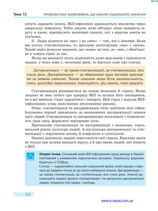 Профілактика захворювань, що набули соціального значенняТема 15
152
хочуть заразити інших, ВІЛ-інфекцією заражаються виключно через
аморальну поведінку. Тобто людям, яких об’єднує лише наявність ві-
русу в крові, приписують негативні ознаки, які з вірусом зовсім не
пов’язані.
3.	 Люди діляться на «нас» і на «них» — тих, хто є іншими. Коли
ми когось стигматизуємо, то мислимо категоріями «ми» і «вони».
Такий поділ дозволяє вважати, що «вони» не такі, як «ми», і обов’язко­
во в чомусь гірші за нас.
Якщо ви вважаєте якусь відмінність дуже важливою і приписуєте
людям, у яких вона є, негативні риси, то йдеться саме про стигму.
Дискримінація — це прояв стигматизації, це стигматизація, яка
стала дією. Дискримінація — це обмеження прав частини населен-
ня за певною ознакою. Такою ознакою може бути національність,
стать, релігійні переконання, інвалідність, рід занять, стан здоров’я.
Стигматизація розвивається на основі незнання й страху. Якщо
людина не знає нічого про природу ВІЛ та шляхи його поширення,
то в неї виникає страх заразитися і померти. Цей страх і наділяє ВІЛ-
інфікованих усіма можливими негативними рисами.
Отже, стигматизація та дискримінація тісно пов’язані між собою.
Існування першої призводить до виникнення дискримінації певних
груп людей. Стигматизація та дискримінація посилюють і підживлю-
ють одна одну, формують нерозривне коло.
Причинами стигматизації та дискримінації є незнання, страх,
низький рівень культури людей. А наслідками дискримінації та стиг-
матизації є порушення закону й конфлікти в суспільстві.
Знання допомагає людині переглянути свої страхи. Важливо знати
не тільки про шляхи передачі вірусу, а й про права людей, які живуть
з ВІЛ.
Опорні точки. Основний шлях ВІЛ-інфікування серед молоді в Україні
пов’язаний з уживанням наркотичних речовин. Українська держава
бореться зі СНІДом.
Стигма — надзвичайно сильний соціальний ярлик, який змушує стави-
тися до людини тільки як до носія небажаної ознаки. Дискримінація —
це прояв стигматизації, це стигматизація, яка стала дією. Знання до-
помагають людині долати стигматизацію і не допускати дискримінації
людей, поважати їхні права і свободи.
www.e-ranok.com.ua
 