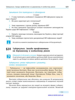 Туберкульоз. Заходи профілактики на державному й особистому рівнях § 31
153
Запитання для повторення й обговорення
I–II рівні
1.	 У чому полягають особливості поширення ВІЛ-інфікування серед мо-
лоді в Україні?
2.	 Які риси характерні для стигматизації?
III рівень
3.	 Чому наркомани є групою ризику зараження ВІЛ?
4.	 На яких принципах ґрунтуються основні положення законодавства
України щодо ВІЛ-інфікованих і СНІДу?
IV рівень
5.	 Наведіть приклади положень законодавства України у сфері протидії
епідемії ВІЛ-інфекції.
6.	 Чому необхідно протистояти дискримінації ВІЛ-інфікованих людей?
На сайті ви можете ознайомитися з відеороликом «Ні дискримінації».
§ 31	 Туберкульоз. Заходи профілактики
на  державному й особистому рівнях
Обміркуйте й обговоріть ситуацію. Катруся намочила ноги й застудилася.
А наступного дня в школі робили щеплення БЦЖ. Батьки занепокоїлися
через те, що Катрусі не можна зробити щеплення. Як ви думаєте, чому?
Туберкульоз: умови інфікування і розвитку,
ознаки захворювання
Туберкульоз — це інфекційне захворювання, яке спричинює
дуже маленька бактерія. Вона має паличкоподібну форму. Такі бак-
терії вчені називають бацилами. Бактерію, що спричиняє тубер-
кульоз, відкрив німецький лікар і бактеріолог Роберт Кох, тому її
називають паличкою, або бацилою, Коха.
Бактерія туберкульозу має оболонку, яка дозволяє їй витримувати
досить суворі умови навколишнього середовища й опиратися імунній
системі людини.
Паличка Коха передається від хворої на відкриту форму туберку-
льозу людини до здорової повітряно-крапельним шляхом. Зазвичай
www.e-ranok.com.ua
 