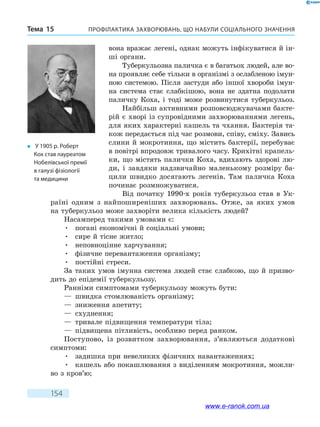 Профілактика захворювань, що набули соціального значенняТема 15
154
вона вражає легені, однак можуть інфікуватися й ін-
ші органи.
Туберкульозна паличка є в багатьох людей, але во-
на проявляє себе тільки в організмі з ослабленою імун-
ною системою. Після застуди або іншої хвороби імун-
на система стає слабкішою, вона не здатна подолати
паличку Коха, і тоді може розвинутися туберкульоз.
Найбільш активними розповсюджувачами бакте-
рій є хворі із супровідними захворюваннями легень,
для яких характерні кашель та чхання. Бактерія та-
кож передається під час розмови, співу, сміху. Завись
слини й мокротиння, що містить бактерії, перебуває
в повітрі впродовж тривалого часу. Крихітні крапель-
ки, що містять палички Коха, вдихають здорові лю-
ди, і завдяки надзвичайно маленькому розміру ба-
цили швидко досягають легенів. Там паличка Коха
починає розмножуватися.
Від початку 1990-х років туберкульоз став в  Ук­
ра­їні одним з найпоширеніших захворювань. Отже, за яких умов
на туберкульоз може захворіти велика кількість людей?
Насамперед такими умовами є:
•	 погані економічні й соціальні умови;
•	 сире й тісне житло;
•	 неповноцінне харчування;
•	 фізичне перевантаження організму;
•	 постійні стреси.
За таких умов імунна система людей стає слабкою, що й призво-
дить до епідемії туберкульозу.
Ранніми симптомами туберкульозу можуть бути:
—	 швидка стомлюваність організму;
—	 зниження апетиту;
—	 схуднення;
—	 тривале підвищення температури тіла;
—	 підвищена пітливість, особливо перед ранком.
Поступово, із розвитком захворювання, з’являються додаткові
симптоми:
•	 задишка при невеликих фізичних навантаженнях;
•	 кашель або покашлювання з виділенням мокротиння, можли-
во з кров’ю;
�	 У 1905 р. Роберт
Кох став лауреатом
Нобелівської премії
в галузі фізіології
та медицини
www.e-ranok.com.ua
 