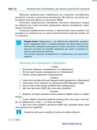 Профілактика захворювань, що набули соціального значенняТема 15
156
Медична профілактика спрямована на створення специфічного
імунітету в дітей за допомогою вакцинації. Це означає, що дітям тре-
ба робити реакцію Манту й щеплення БЦЖ.
Санітарна профілактика передбачає своєчасне виявлення хворих
на туберкульоз, їхню ізоляцію, проведення правил дезінфекції, ефек-
тивне лікування.
Соціальна профілактика полягає в забезпеченні прав людини, яка
захворіла на туберкульоз, та гарантуванні безпеки здоров’я людей, які
її оточують.
Опорні точки. Туберкульоз — це небезпечне інфекційне захворю-
вання, збудником якого є особлива бактерія, так звана паличка Коха.
Паличка Коха швидко розмножується тільки в організмі з ослабленою
імунною системою. Ця хвороба характерна для країн з поганими со-
ціально-економічними умовами.
Чим раніше виявлене захворювання на туберкульоз, тим легше його
лікувати.
Запитання для повторення й обговорення
I–II рівні
1.	 Які умови сприяють захворюванню на туберкульоз?
2.	 Які ви знаєте ознаки захворювання на туберкульоз?
3.	 Назвіть шляхи зараження туберкульозом.
III рівень
4.	 Чому після застуди або іншої хвороби може розвиватися туберкульоз?
5.	 Чому дуже часто хворіють на туберкульоз ВІЛ-інфіковані люди?
6.	 Що ви знаєте про заходи профілактики туберкульозу?
7.	 Що таке щеплення БЦЖ? Для чого воно потрібне?
IV рівень
8.	 Доведіть, що дуже важливо вчасно виявити людей, хворих на тубер-
кульоз.
9.	 У двох людей в організмі виявили паличку Коха. Але одна з них хво-
ріє на туберкульоз, а інша — ні. Чому так буває?
10.	Для чого дітям роблять щеплення БЦЖ? Що загрожує дітям, яким
таке щеплення не зробили?
Перевірте свої знання з розділу «Соціальна складова здоров’я».
www.e-ranok.com.ua
 
