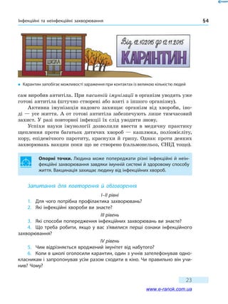 Інфекційні та неінфекційні захворювання § 4
23
сам виробив антитіла. При пасивній імунізації в організм уводять уже
готові антитіла (штучно створені або взяті з іншого організму).
Активна імунізація надовго захищає організм від хвороби, іно-
ді — усе життя. А от готові антитіла забезпечують лише тимчасовий
захист. У разі повторної інфекції їх слід уводити знову.
Успіхи науки імунології дозволили ввести в медичну практику
щеп­лення проти багатьох дитячих хвороб — кашлюка, поліомієліту,
кору, епідемічного паротиту, краснухи й грипу. Однак проти деяких
захворювань вакцин поки що не створено (сальмонельоз, СНІД тощо).
Опорні точки. Людина може попереджати різні інфекційні й неін-
фекційні захворювання завдяки імунній системі й здоровому способу
життя. Вакцинація захищає людину від інфекційних хвороб.
Запитання для повторення й обговорення
I–II рівні
1.	 Для чого потрібна профілактика захворювань?
2.	 Які інфекційні хвороби ви знаєте?
III рівень
3.	 Які способи попередження інфекційних захворювань ви знаєте?
4.	 Що треба робити, якщо у вас з’явилися перші ознаки інфекційного
захворювання?
IV рівень
5.	 Чим відрізняється вроджений імунітет від набутого?
6.	 Коли в школі оголосили карантин, один з учнів зателефонував одно-
класникам і запропонував усім разом сходити в кіно. Чи правильно він учи-
нив? Чому?
�	 Карантин запобігає можливості зараження при контактах із великою кількістю людей
www.e-ranok.com.ua
 