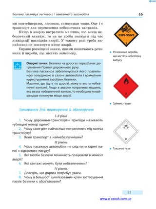 Безпека пасажира легкового і вантажного автомобіля § 6
31
ми контейнерами, лісовози, самоскиди тощо. Оце і є
транспорт для перевезення небезпечних вантажів.
Якщо в аварію потрапила машина, що везла не-
безпечний вантаж, то на це треба зважати під час
ліквідації наслідків аварії. У такому разі треба як-
найшвидше покинути місце аварії.
Справа розміщені знаки, якими позначають речо-
вини й вироби, що містять небезпеку.
Опорні точки. Безпека на дорогах передбачає до-
тримання Правил дорожнього руху.
Безпека пасажира забезпечується його правиль-
ною поведінкою в салоні автомобіля і грамотним
користуванням засобами безпеки.
Машини, що їдуть по дорозі, можуть везти небез-
печні вантажі. Якщо в аварію потрапила машина,
яка везла небезпечний вантаж, то необхідно якнай-
швидше покинути місце аварії.
Запитання для повторення й обговорення
I–II рівні
1.	 Чому дорожньо-транспортні пригоди називають
«убивцею номер один»?
2.	 Чому саме діти найчастіше потрапляють під колеса
транспорту?
3.	 Який транспорт є найнебезпечнішим?
III рівень
4.	 Чому пасажиру автомобіля не слід пити гарячі на-
пої з відкритого посуду?
5.	 Які засоби безпеки починають працювати в момент
аварії?
6.	 Які вантажі можуть бути небезпечними?
IV рівень
7.	 Доведіть, що дорога потребує уваги.
8.	 Чому в більшості цивілізованих країн застосування
пасків безпеки є обов’язковим?
�	 Речовини і вироби,
що містять небезпеку
вибуху
�	 Займисті гази
�	Токсичні гази
www.e-ranok.com.ua
 