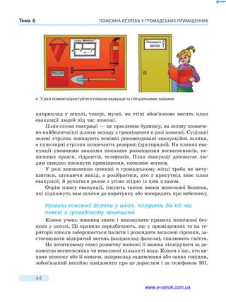 Пожежна безпека у громадських приміщенняхТема 6
44
наприклад у школі, театрі, музеї, на стіні обов’язково висить план
евакуації людей під час пожежі.
План-схема евакуації — це креслення будинку, на якому позначе-
но найбезпечніші шляхи виходу з приміщення в разі пожежі. Суцільні
зелені стрілки показують основні рекомендовані евакуаційні шляхи,
а пунктирні стрілки позначають резервні (другорядні). На планах ева-
куації умовними знаками показано розміщення вогнегасників, по-
жежних кранів, гідрантів, телефонів. План евакуації допомагає лю-
дям швидко покинути приміщення, охоплене вогнем.
У разі виникнення пожежі в громадському місці треба не мету-
шитися, шукаючи вихід,  а  розібратися, хто з присутніх знає план
евакуації, й рухатися разом з усіма згідно із цим планом.
Окрім плану евакуації, існують також знаки пожежної безпеки,
які підкажуть вам шляхи до порятунку або попередять про небезпеку.
Правила пожежної безпеки у  школі. Алгоритм дій під час
пожежі в громадському приміщенні.
Кожен учень повинен знати і виконувати правила пожежної без-
пеки у школі. Ці правила передбачають, що у приміщеннях та на те-
риторії школи забороняється палити і розкидати запалені сірники, за-
стосовувати відкритий вогонь (наприклад факели), спалювати сміття.
На початковому етапі розвитку пожежі її можна ліквідувати за до-
помогою вогнегасника чи невеликої кількості води. Кожен з вас, хто ви-
явив пожежу або її ознаки, наприклад задимлення або запах горіння,
зобов’язаний негайно повідомити про це дорослим і за телефоном 101.
�	 У разі пожежі користуйтеся планом евакуації та спеціальними знаками
www.e-ranok.com.ua
 