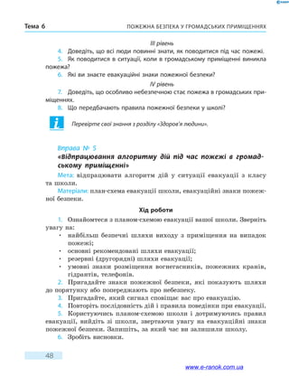 Пожежна безпека у громадських приміщенняхТема 6
48
III рівень
4.	 Доведіть, що всі люди повинні знати, як поводитися під час пожежі.
5.	 Як поводитися в ситуації, коли в громадському приміщенні виникла
пожежа?
6.	 Які ви знаєте евакуаційні знаки пожежної безпеки?
IV рівень
7.	 Доведіть, що особливо небезпечною стає пожежа в громадських при-
міщеннях.
8.	 Що передбачають правила пожежної безпеки у школі?
Перевірте свої знання з розділу «Здоров’я людини».
Вправа № 5
«Відпрацювання алгоритму дій під час пожежі в громад-
ському приміщенні»
Мета: відпрацювати алгоритм дій у ситуації евакуації з класу
та школи.
Матеріали: план-схема евакуації школи, евакуаційні знаки пожеж-
ної безпеки.
Хід роботи
1.	 Ознайомтеся з планом-схемою евакуації вашої школи. Зверніть
увагу на:
•	найбільш безпечні шляхи виходу з приміщення на випадок
пожежі;
•	 основні рекомендовані шляхи евакуації;
•	 резервні (другорядні) шляхи евакуації;
•	умовні знаки розміщення вогнегасників, пожежних кранів,
гідрантів, телефонів.
2.	 Пригадайте знаки пожежної безпеки, які показують шляхи
до порятунку або попереджають про небезпеку.
3.	 Пригадайте, який сигнал сповіщає вас про евакуацію.
4.	 Повторіть послідовність дій і правила поведінки при евакуації.
5.	 Користуючись планом-схемою школи і дотримуючись правил
евакуації, вийдіть зі школи, звертаючи увагу на евакуаційні знаки
пожежної безпеки. Запишіть, за який час ви залишили школу.
6.	 Зробіть висновки.
www.e-ranok.com.ua
 