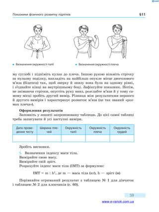 Показники фізичного розвитку підлітків § 11
59
му суглобі і підніміть кулак до плеча. Іншою рукою візьміть стрічку
за нульову поділку, накладіть на найбільш опукле місце двоголового
м’яза (біцепса) так, щоб зверху й знизу вона була на одному рівні,
і з’єднайте кінці на внутрішньому боці. Зафіксуйте показник. Потім,
не знімаючи стрічки, опустіть руку вниз, розслабте м’язи й у тому са-
мому місці зробіть другий вимір. Різниця між результатами першого
й другого вимірів і характеризує розвиток м’яза (це так званий «роз-
мах плеча»).
Оформлення результатів
Заповніть у зошиті запропоновану таблицю. До цієї самої таблиці
треба записувати й усі наступні виміри.
Дата прове-
дення тесту
Ширина пле-
чей
Окружність
талії
Окружність
плеча
Окружність
грудей
Зробіть висновки.
5.	 Визначення індексу маси тіла.
Виміряйте свою масу.
Виміряйте свій зріст.
Розрахуйте індекс маси тіла (ІМТ) за формулою:
ІМТ = m : h2
, де m — маса тіла (кг), h — зріст (м)
Порівняйте отриманий результат з таблицею № 1 для дівчаток
і таблицею № 2 для хлопчиків (с. 60).
�	 Визначення окружності талії �	 Визначення окружності плеча
www.e-ranok.com.ua
 