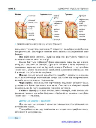Косметичні проблеми підлітківТема 8
66
вень яких у підлітків є високим. У результаті надмірного вироблення
шкірного сала і закупорки сальних залоз виникає захворювання акне
(вугри).
Під термінами «вугри», «вугрова хвороба» розуміють гнійне за-
палення сальних залоз на шкірі.
Звідки беруться гнійники? Вони виникають через те, що в шкір-
ному салі оселяються бактерії. Організм починає з ними боротися за
допомогою захисних клітин імунної системи. Гнійник — це своєрідне
«поле бою», усіяне як живими і загиблими захисними клітинами, так
і живими і загиблими бактеріями.
Норма: сальні залози виробляють потрібну кількість шкірного
сала, яке забезпечує еластичність шкіри і її захист від несприятливих
впливів навколишнього середовища.
Чорна цятка: сальні залози виробляють надлишок шкірного сала,
утворюється його скупчення, над яким з’являються відкриті (чорні)
комедони, що їх часто називають чорними цятками.
Гнійник (прищ): у залози потрапляють бактерії, вони починають
розмножуватися, організм бореться з інфекцією, виникає своєрідне
«поле бою» — гнійник.
Догляд за шкірою і волоссям
Для догляду за шкірою і волоссям використовують різноманітні
косметичні засоби.
Традиційно косметику поділяють на лікувально-профілактичну,
гігієнічну й декоративну.
�	 Здорова шкіра та шкіра із чорними цятками й прищами
волосся
фолікул фолікул фолікул
вільний
вихід сала
чорна
цятка
прищик
скупчення
шкірного
сала
інфіковане
шкірне
сало
(бактерії)
шкірне
сало шкірне
сало
шкірне
сало
сальна
залоза сальна
залоза
сальна
залоза
Норма Чорна цятка Прищик
www.e-ranok.com.ua
 