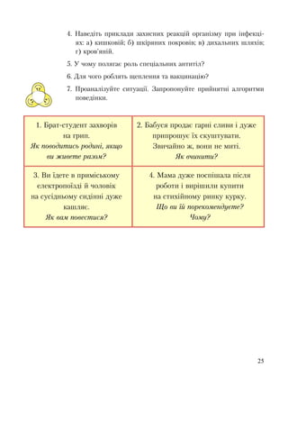 25
4. Наведіть приклади захисних реакцій організму при інфекці-
ях: а) кишковій; б) шкіряних покровів; в) дихальних шляхів;
г) кров'яній.
5. У чому полягає роль спеціальних антитіл?
6. Для чого роблять щеплення та вакцинацію?
7. Проаналізуйте ситуації. Запропонуйте прийнятні алгоритми
поведінки.
1. Брат-студент захворів
на грип.
Як поводитись родині, якщо
ви живете разом?
2. Бабуся продає гарні сливи і дуже
припрошує їх скуштувати.
Звичайно ж, вони не миті.
Як вчинити?
3. Ви їдете в приміському
електропоїзді й чоловік
на сусідньому сидінні дуже
кашляє.
Як вам повестися?
4. Мама дуже поспішала після
роботи і вирішили купити
на стихійному ринку курку.
Що ви їй порекомендуєте?
Чому?
 