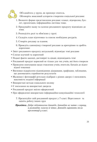 33
Об’єднайтесь у групи, як пропонує вчитель.
Обговоріть можливий алгоритм створення соціальної реклами:
1. Визначте форми представлення реклами: плакат, відеоролик, бук-
лет, презентація, інформаційна листівка тощо.
2. Придумайте назву та салоган рекламного продукту відповідно до
теми.
3. Розподіліть ролі та обов’язки у групі.
4. Складіть план підготовки та список необхідних ресурсів.
5. Створіть рекламу за планом.
6. Проведіть самооцінку створеної реклами за критеріями та зробіть
корективи:
 Зміст рекламного продукту актуальний, відповідає темі реклами
 Слоган влучний та коректний
 Подані факти законні, достовірні та цікаві, відповідають темі
 Рекламний продукт корисний не тільки для тих учнів, які його створили
 Проведено опитування щодо ставлення учнів, вчителів, батьків до відпо-
відної тематики
 Висновки підкріплено відповідними діаграмами, графіками, таблицями,
що допомагають сприйняттю результатів
 Малюнки і фотографії ретельно підібрані з різних джерел і посилюють
важливість поданої інформації
 Використані методи соціального впливу
 Є посилання на використані джерела
 Рекламний продукт якісно оформлений
 При оформленні використано інформаційно-комунікаційні технології
7. Презентуйте свій рекламний продукт у 7 класі. Перегляньте та
оцініть роботу інших груп
Примітка. Добре підготовлена доповідь: доповідач не читає з екрану,
а розповідає голосно й чітко. Доповідь оцінюють після
презентації у класі.
 