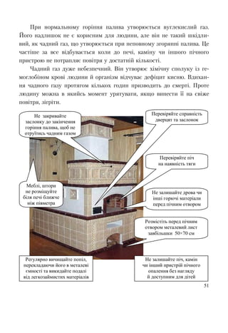 51
При нормальному горіння палива утворюється вуглекислий газ.
Його надлишок не є корисним для людини, але він не такий шкідли-
вий, як чадний газ, що утворюється при неповному згорянні палива. Це
частіше за все відбувається коли до печі, каміну чи іншого пічного
пристрою не потрапляє повітря у достатній кількості.
Чадний газ дуже небезпечний. Він утворює хімічну сполуку із ге-
моглобіном крові людини й організм відчуває дефіцит кисню. Вдихан-
ня чадного газу протягом кількох годин призводить до смерті. Проте
людину можна в якийсь момент урятувати, якщо винести її на свіже
повітря, зігріти.
Перевіряйте справність
дверцят та заслонок
Розмістіть перед пічним
отвором металевий лист
завбільшки 50×70 см
Не залишайте дрова чи
інші горючі матеріали
перед пічним отвором
Не закривайте
заслонку до закінчення
горіння палива, щоб не
отруїтись чадним газом
Меблі, штори
не розміщуйте
біля печі ближче
ніж півметра
Регулярно вичищайте попіл,
перекладаючи його в металеві
ємності та викидайте подалі
від легкозаймистих матеріалів
Перевіряйте піч
на наявність тяги
Не залишайте піч, камін
чи інший пристрій пічного
опалення без нагляду
й доступним для дітей
 
