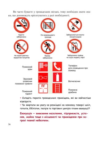 56
Ви часто буваєте у громадських місцях, тому необхідно знати зна-
ки, що допоможуть орієнтуватись у разі необхідності.
Пожежний
кран
Телефон
для сповіщення про
пожежу
Звуковий
оповісник
пожежної тривоги
Вогнегасник
Пожежний
гідрант
Пожежна
драбина
 Складіть перелік громадських приміщень, які ви найчастіше
відвідуєте.
 Чи звертали ви увагу на розміщені на кожному поверсі шкіл,
готелів, бібліотек, театрів та торгових центрів плани евакуації?
Евакуація — вивезення населення, підприємств, уста-
нов, майна тощо з місцевості чи приміщення при за-
грозі певної небезпеки.
 