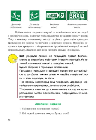 58
До виходу
сходами вниз
До виходу
сходами вгору
Вказівник
виходу
Вказівник запасного
виходу
Найважливіше завдання евакуації — якнайшвидше вивести людей
з небезпечної зони. Водночас треба намагатись не завдати нікому шкоди.
Тому в кожному навчальному закладі та різних організаціях проводять
тренування: дні безпеки та навчання з цивільної оборони. Основним за-
вданням цих тренувань є відпрацювання організованої евакуації великої
кількості людей. Важливо, щоб вона пройшла швидко і без паніки.
Щоб уникнути пожежі, не порушуйте правил безпеки,
стежте за справністю побутових і газових приладів, бо за-
звичай причинами пожежі є поведінка людей.
Будьте обережні з горючими речовинами.
Громадські приміщення оснащені пожежною сигналізаці-
єю та засобами пожежогасіння — читайте спеціальні зна-
ки — вони підкажуть, як діяти.
Про пожежу насамперед слід повідомити дорослих і ор-
ганізовано евакуюватися, допомагаючи слабкішим.
Поцікавтесь завчасно, де в навчальному закладі чи вдома
розташовані засоби пожежогасіння, потренуйтесь їх вико-
ристовувати.
Запитання і завдання
1. Які причини виникнення пожеж?
2. Які горючі речовини можуть бути у класі?
 