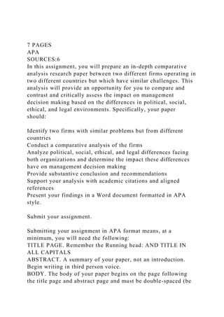 7 PAGES
APA
SOURCES:6
In this assignment, you will prepare an in-depth comparative
analysis research paper between two different firms operating in
two different countries but which have similar challenges. This
analysis will provide an opportunity for you to compare and
contrast and critically assess the impact on management
decision making based on the differences in political, social,
ethical, and legal environments. Specifically, your paper
should:
Identify two firms with similar problems but from different
countries
Conduct a comparative analysis of the firms
Analyze political, social, ethical, and legal differences facing
both organizations and determine the impact these differences
have on management decision making
Provide substantive conclusion and recommendations
Support your analysis with academic citations and aligned
references
Present your findings in a Word document formatted in APA
style.
Submit your assignment.
Submitting your assignment in APA format means, at a
minimum, you will need the following:
TITLE PAGE. Remember the Running head: AND TITLE IN
ALL CAPITALS
ABSTRACT. A summary of your paper, not an introduction.
Begin writing in third person voice.
BODY. The body of your paper begins on the page following
the title page and abstract page and must be double-spaced (be
 