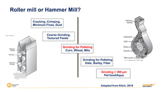 Cracking, Crimping,
Minimum Fines, Dust
Coarse Grinding,
Textured Feeds
Grinding for Pelleting
Corn, Wheat, Milo
Grinding for Pelleting
Oats, Barley, Fiber
Grinding < 300 µm
Pet food/Aqua
Adapted from Kitch, 2018
Roller mill or Hammer Mill?
 