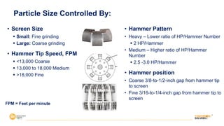 • Screen Size
§ Small: Fine grinding
§ Large: Coarse grinding
• Hammer Tip Speed, FPM
§ <13,000 Coarse
§ 13,000 to 18,000 Medium
§ >18,000 Fine
Particle Size Controlled By:
• Hammer Pattern
• Heavy – Lower ratio of HP/Hammer Number
§ 2 HP/Hammer
• Medium – Higher ratio of HP/Hammer
Number
§ 2.5 -3.0 HP/Hammer
• Hammer position
• Coarse 3/8-to-1/2-inch gap from hammer tip
to screen
• Fine 3/16-to-1/4-inch gap from hammer tip to
screen
FPM = Feet per minute
 