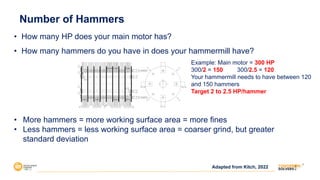 • How many HP does your main motor has?
• How many hammers do you have in does your hammermill have?
• More hammers = more working surface area = more fines
• Less hammers = less working surface area = coarser grind, but greater
standard deviation
Example: Main motor = 300 HP
300/2 = 150 300/2.5 = 120
Your hammermill needs to have between 120
and 150 hammers
Target 2 to 2.5 HP/hammer
Adapted from Kitch, 2022
Number of Hammers
 