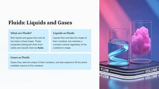Fluids: Liquids and Gases
What are Fluids?
Both liquids and gases flow and do
not retain a fixed shape. These
properties distinguish them from
solids and classify them as fluids.
Liquids as Fluids
Liquids flow and take the shape of
their container, but maintain a
constant volume regardless of the
container's shape.
Gases as Fluids
Gases flow, take the shape of their container, and also expand to fill the entire
available volume of the container.
 