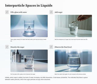 Interparticle Spaces in Liquids
Fill a glass with water
Take a glass vessel, fill it about half with water, and mark the level of water
(A).
Add sugar
Add two teaspoons of sugar into it and mark the new water level (B).
Dissolve the sugar
Stir the water with a glass rod to dissolve the sugar.
Observe the final level
Mark this water level again (C) and compare with previous levels.
Initially, when sugar is added, the level of water increases, but after dissolution, it decreases somewhat. This indicates that there is space
between water particles, which the sugar particles occupy when dissolved.
 