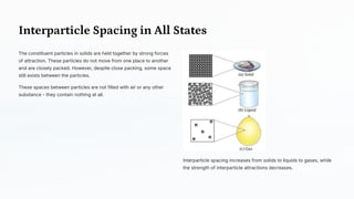 Interparticle Spacing in All States
The constituent particles in solids are held together by strong forces
of attraction. These particles do not move from one place to another
and are closely packed. However, despite close packing, some space
still exists between the particles.
These spaces between particles are not filled with air or any other
substance - they contain nothing at all.
Interparticle spacing increases from solids to liquids to gases, while
the strength of interparticle attractions decreases.
 