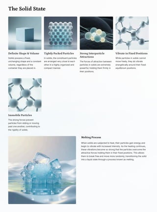The Solid State
Definite Shape & Volume
Solids possess a fixed,
unchanging shape and a constant
volume, regardless of the
container they are placed in.
Tightly Packed Particles
In solids, the constituent particles
are arranged very close to each
other in a highly organized and
compact manner.
Strong Interparticle
Attractions
The forces of attraction between
particles in solids are extremely
powerful, holding them firmly in
their positions.
Vibrate in Fixed Positions
While particles in solids cannot
move freely, they do vibrate
energetically around their fixed
equilibrium positions.
Immobile Particles
The strong forces prevent
particles from sliding or moving
past one another, contributing to
the rigidity of solids.
Melting Process
When solids are subjected to heat, their particles gain energy and
begin to vibrate with increased intensity. As the heating continues,
these vibrations become so strong that the particles overcome the
attractive forces holding them in their fixed positions. This allows
them to break free and move more randomly, transitioning the solid
into a liquid state through a process known as melting.
 