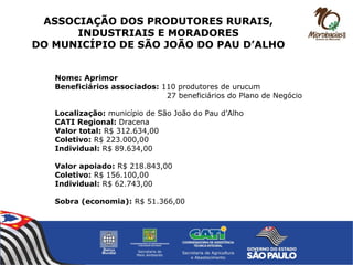 ASSOCIAÇÃO DOS PRODUTORES RURAIS,
INDUSTRIAIS E MORADORES
DO MUNICÍPIO DE SÃO JOÃO DO PAU D’ALHO
Nome: Aprimor
Beneficiários associados: 110 produtores de urucum
27 beneficiários do Plano de Negócio
Localização: município de São João do Pau d’Alho
CATI Regional: Dracena
Valor total: R$ 312.634,00
Coletivo: R$ 223.000,00
Individual: R$ 89.634,00
Valor apoiado: R$ 218.843,00
Coletivo: R$ 156.100,00
Individual: R$ 62.743,00
Sobra (economia): R$ 51.366,00
 