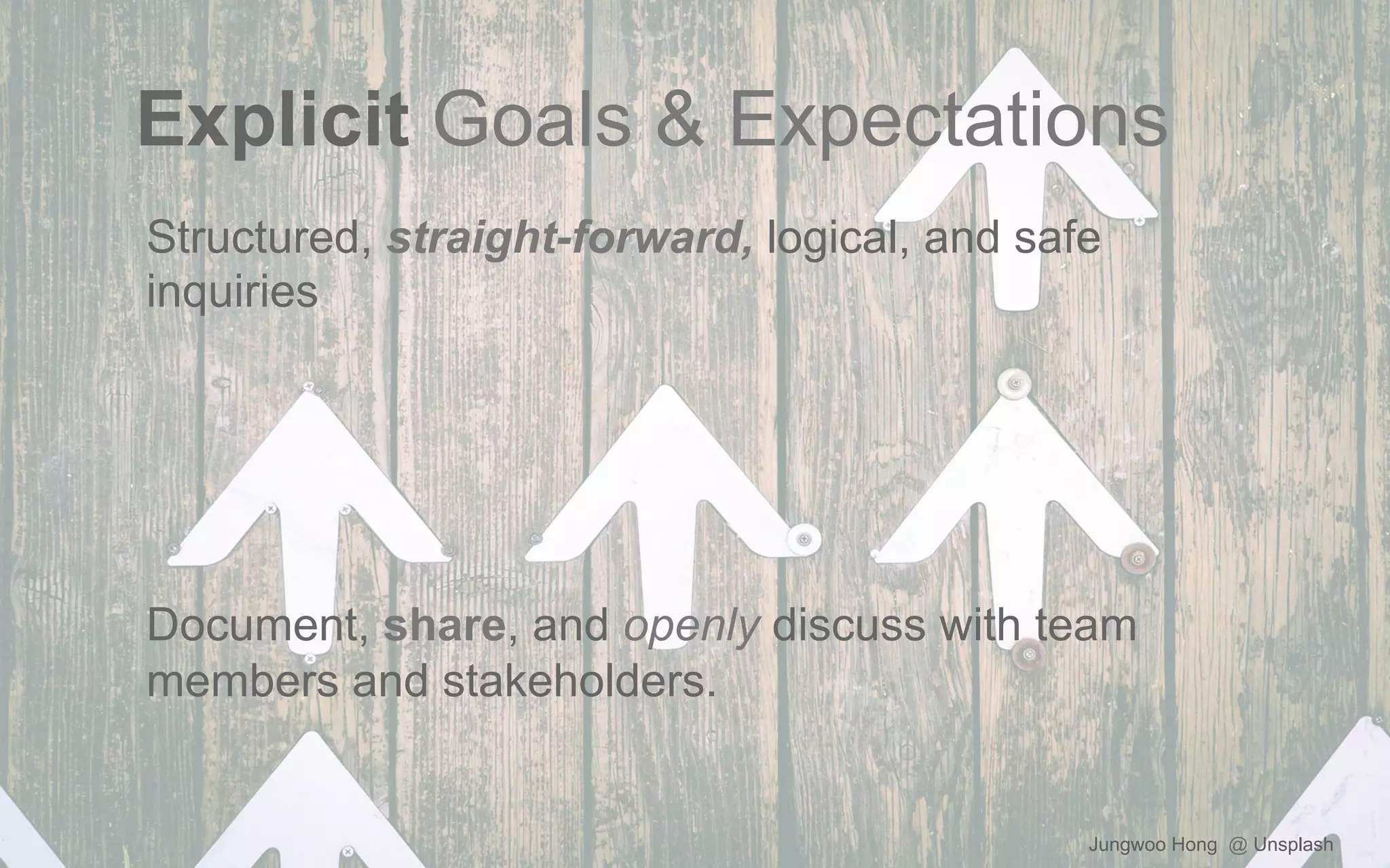 Explicit Goals & Expectations
Structured, straight-forward, logical, and safe
inquiries
Document, share, and openly discuss with team
members and stakeholders.
Jungwoo Hong @ Unsplash
 