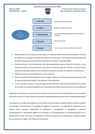 UNIVERSIDAD MAYOR DE SAN SIMÓN
Gestión 1/2021 Crhistian Xavier Orozco La Fuente
PRODUCCIÓN II GRP.01 Mgr. José Ramiro Zapata Barrientos
 Determinación de las limitaciones del sistema o cuellos de botella del proceso productivo. El cuello
de botella es el proceso más lento del proceso de producción. Si el proceso de producción tiene
definidas claramente varias secciones, cada sección tendrá un cuello de botella.
 Decidir qué hacer con las limitaciones. Hay varias posibilidades según la inversión necesaria. La más
económica puede ser actuar para tener el puesto a la máxima producción. Hacerle un mantenimiento
preventivo adecuado y gestionar los tiempos de producción pueden ser opciones de tratamiento.
 Subordinar todo el resto de decisiones a esta limitación.
 Elevar la restricción: Otra posible solución es ampliar el puesto de trabajo (comprar maquinaria, crear
un segundo puesto de trabajo…) para generar más producción.
 Una vez actuado, analizar si el puesto sigue siendo limitación, si deja de serlo es porque otro puesto
ha asumido ser el cuello de botella, con lo que habría que volver al punto primero con este puesto.4
Al gestionar una empresa, muchas personas cometen el error de pensar en la organización como un conjunto
de partes y no como un todo, donde las acciones de cada departamento repercuten en el desempeño global.
Un ejemplo, en una fábrica de zapatillas, sería: el área comercial recibe un pedido de determinadas unidades.
Sin embargo, las limitaciones en la gestión de logística no permiten a la organización abastecerse de la
materia prima necesaria, ralentizando la producción y perjudicando la distribución y posterior
comercialización. El desempeño global de la empresa se ve perjudicado por la ineficiente gestión de un
departamento. Casos como este son explicados a través de la teoría de las restricciones, conocida también
por su acrónimo en inglés: TOC (Theory of Constraints).
 