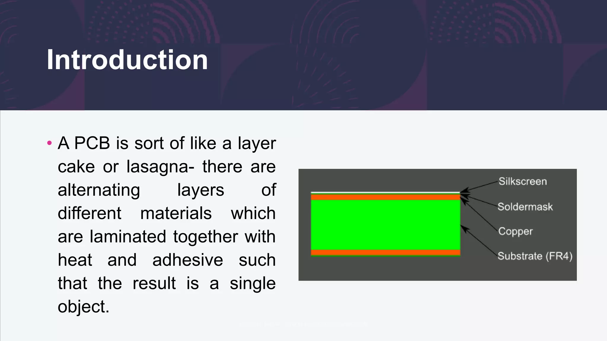 Introduction
• A PCB is sort of like a layer
cake or lasagna- there are
alternating layers of
different materials which
are laminated together with
heat and adhesive such
that the result is a single
object.
 