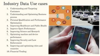 Industry Data Use cases
1. Understanding and Targeting
Customers
2. Understanding and Optimizing Business
process
3. Personal Qualification and Performance
Optimization
4. Improving Healthcare and Public Health
5. Improve Sport Performance
6. Improving Science and Research
7. Optimizing machine and device
performance
8. Improving Security and Law
Enforcement
9. Improving and optimizing cities and
countries
10. Financial Trading
 