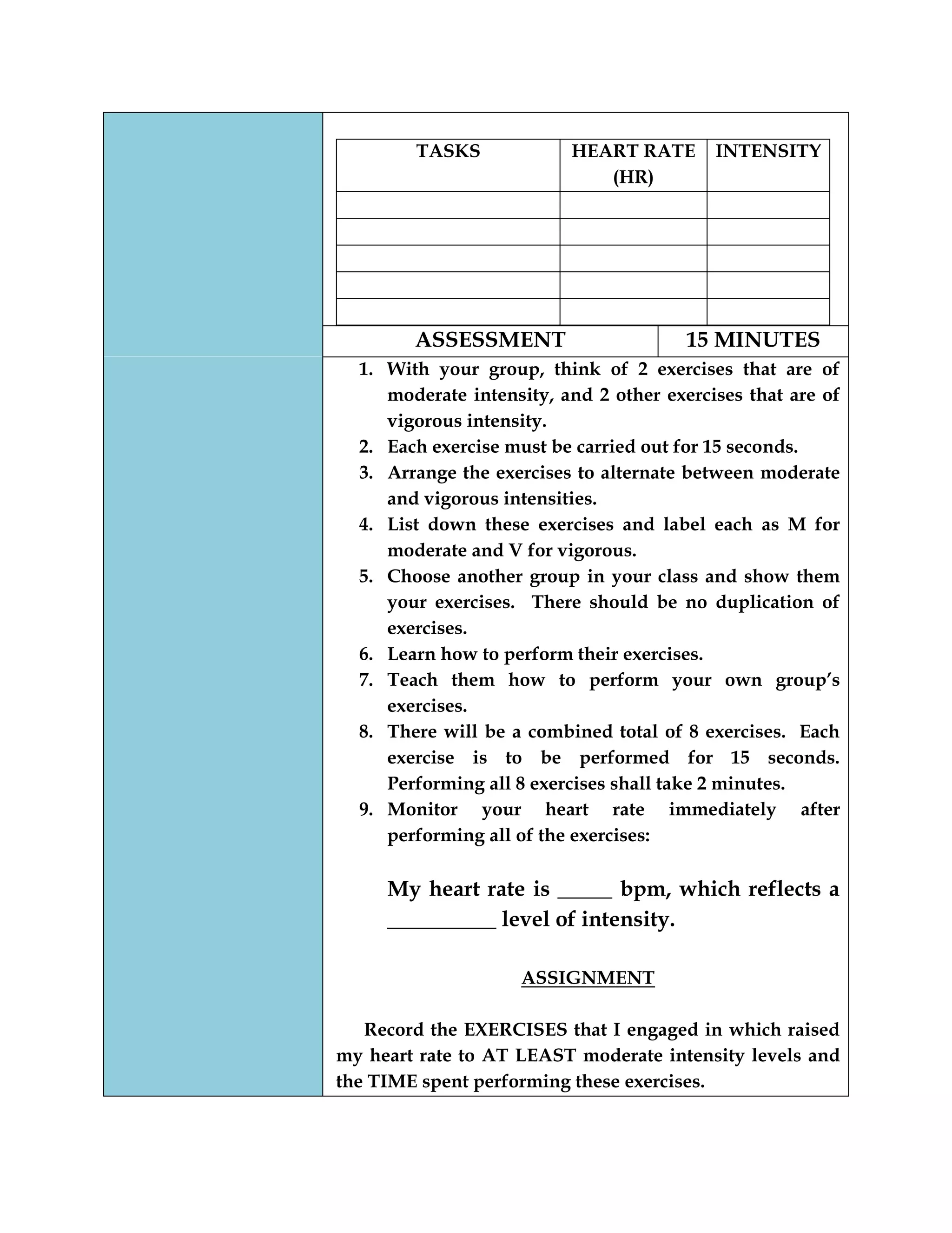 TASKS HEART RATE
(HR)
INTENSITY
ASSESSMENT 15 MINUTES
1. With your group, think of 2 exercises that are of
moderate intensity, and 2 other exercises that are of
vigorous intensity.
2. Each exercise must be carried out for 15 seconds.
3. Arrange the exercises to alternate between moderate
and vigorous intensities.
4. List down these exercises and label each as M for
moderate and V for vigorous.
5. Choose another group in your class and show them
your exercises. There should be no duplication of
exercises.
6. Learn how to perform their exercises.
7. Teach them how to perform your own group‟s
exercises.
8. There will be a combined total of 8 exercises. Each
exercise is to be performed for 15 seconds.
Performing all 8 exercises shall take 2 minutes.
9. Monitor your heart rate immediately after
performing all of the exercises:
My heart rate is _____ bpm, which reflects a
__________ level of intensity.
ASSIGNMENT
Record the EXERCISES that I engaged in which raised
my heart rate to AT LEAST moderate intensity levels and
the TIME spent performing these exercises.
 