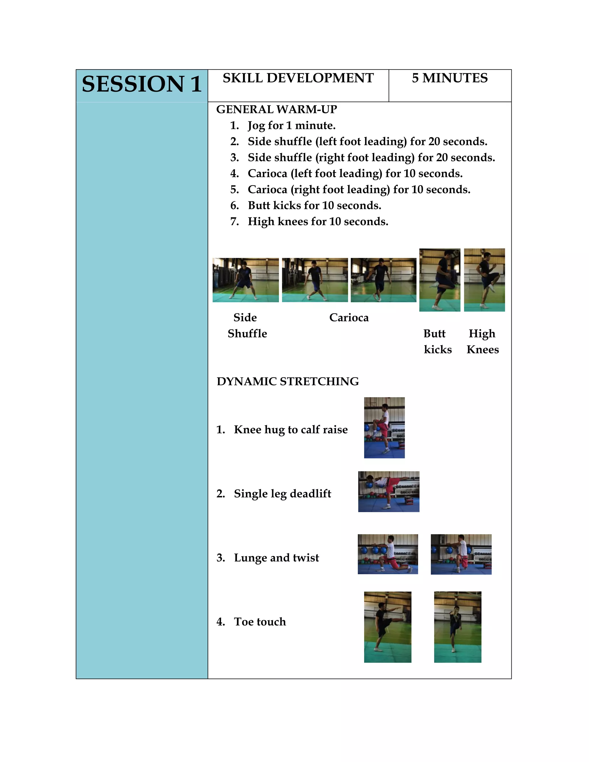 SESSION 1 SKILL DEVELOPMENT 5 MINUTES
GENERAL WARM-UP
1. Jog for 1 minute.
2. Side shuffle (left foot leading) for 20 seconds.
3. Side shuffle (right foot leading) for 20 seconds.
4. Carioca (left foot leading) for 10 seconds.
5. Carioca (right foot leading) for 10 seconds.
6. Butt kicks for 10 seconds.
7. High knees for 10 seconds.
Side Carioca
Shuffle Butt High
kicks Knees
DYNAMIC STRETCHING
1. Knee hug to calf raise
2. Single leg deadlift
3. Lunge and twist
4. Toe touch
 