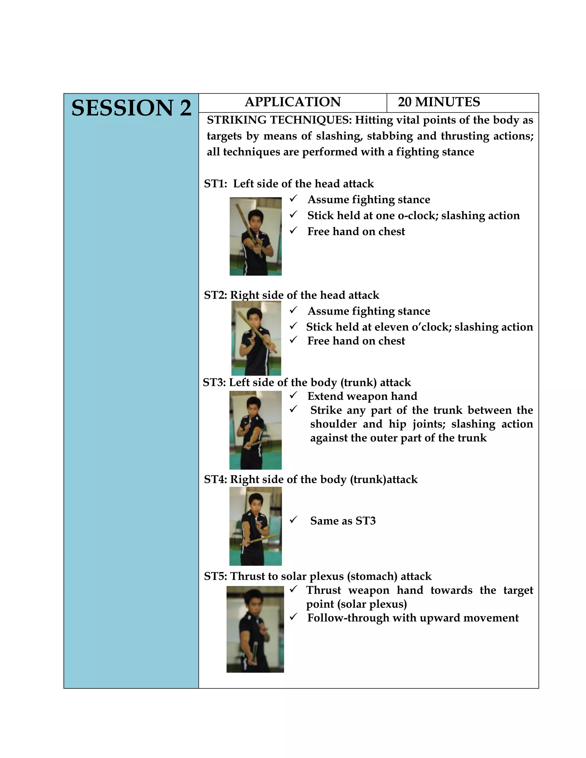 SESSION 2 APPLICATION 20 MINUTES
STRIKING TECHNIQUES: Hitting vital points of the body as
targets by means of slashing, stabbing and thrusting actions;
all techniques are performed with a fighting stance
ST1: Left side of the head attack
 Assume fighting stance
 Stick held at one o-clock; slashing action
 Free hand on chest
ST2: Right side of the head attack
 Assume fighting stance
 Stick held at eleven o’clock; slashing action
 Free hand on chest
ST3: Left side of the body (trunk) attack
 Extend weapon hand
 Strike any part of the trunk between the
shoulder and hip joints; slashing action
against the outer part of the trunk
ST4: Right side of the body (trunk)attack
 Same as ST3
ST5: Thrust to solar plexus (stomach) attack
 Thrust weapon hand towards the target
point (solar plexus)
 Follow-through with upward movement
 