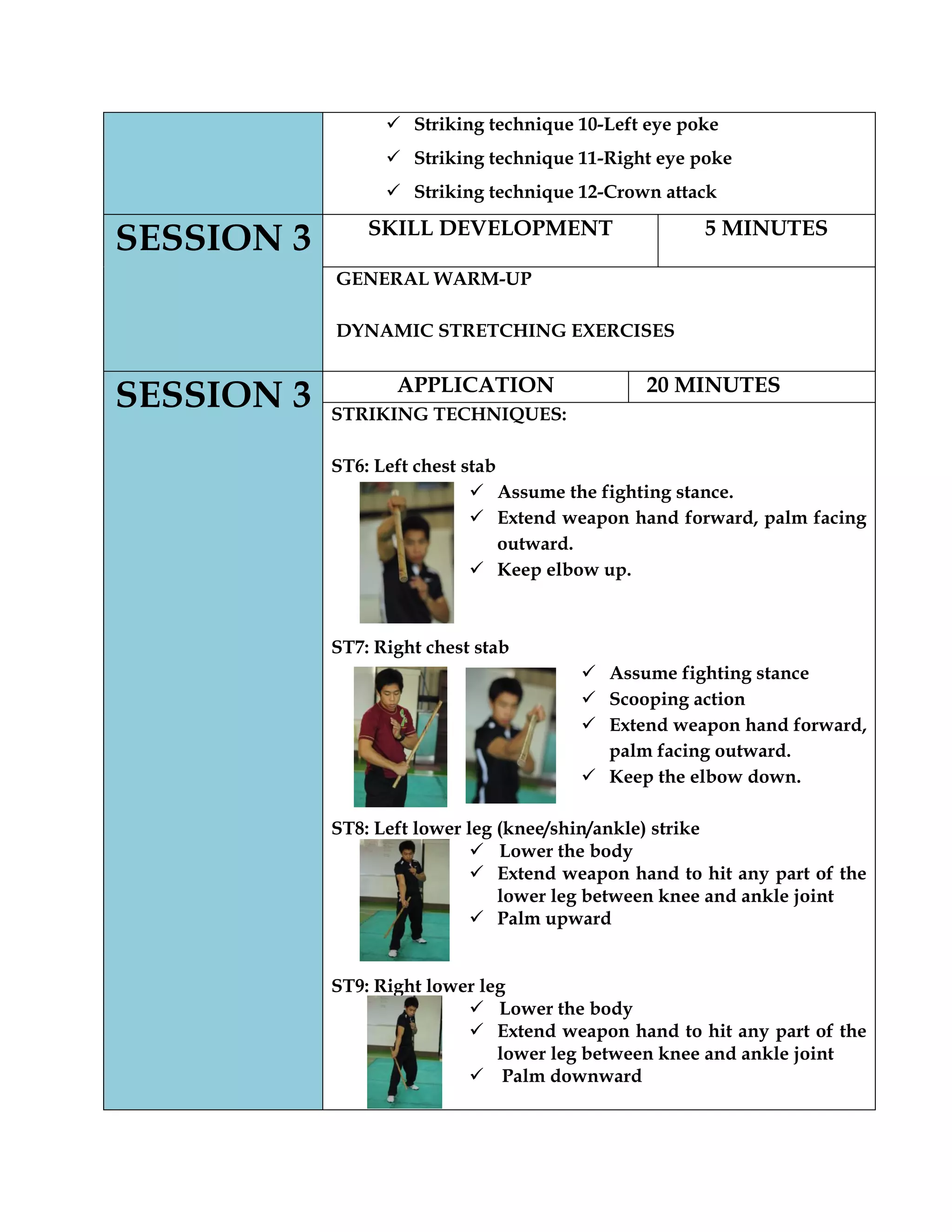  Striking technique 10-Left eye poke
 Striking technique 11-Right eye poke
 Striking technique 12-Crown attack
SESSION 3 SKILL DEVELOPMENT 5 MINUTES
GENERAL WARM-UP
DYNAMIC STRETCHING EXERCISES
SESSION 3 APPLICATION 20 MINUTES
STRIKING TECHNIQUES:
ST6: Left chest stab
 Assume the fighting stance.
 Extend weapon hand forward, palm facing
outward.
 Keep elbow up.
ST7: Right chest stab
 Assume fighting stance
 Scooping action
 Extend weapon hand forward,
palm facing outward.
 Keep the elbow down.
ST8: Left lower leg (knee/shin/ankle) strike
 Lower the body
 Extend weapon hand to hit any part of the
lower leg between knee and ankle joint
 Palm upward
ST9: Right lower leg
 Lower the body
 Extend weapon hand to hit any part of the
lower leg between knee and ankle joint
 Palm downward
 