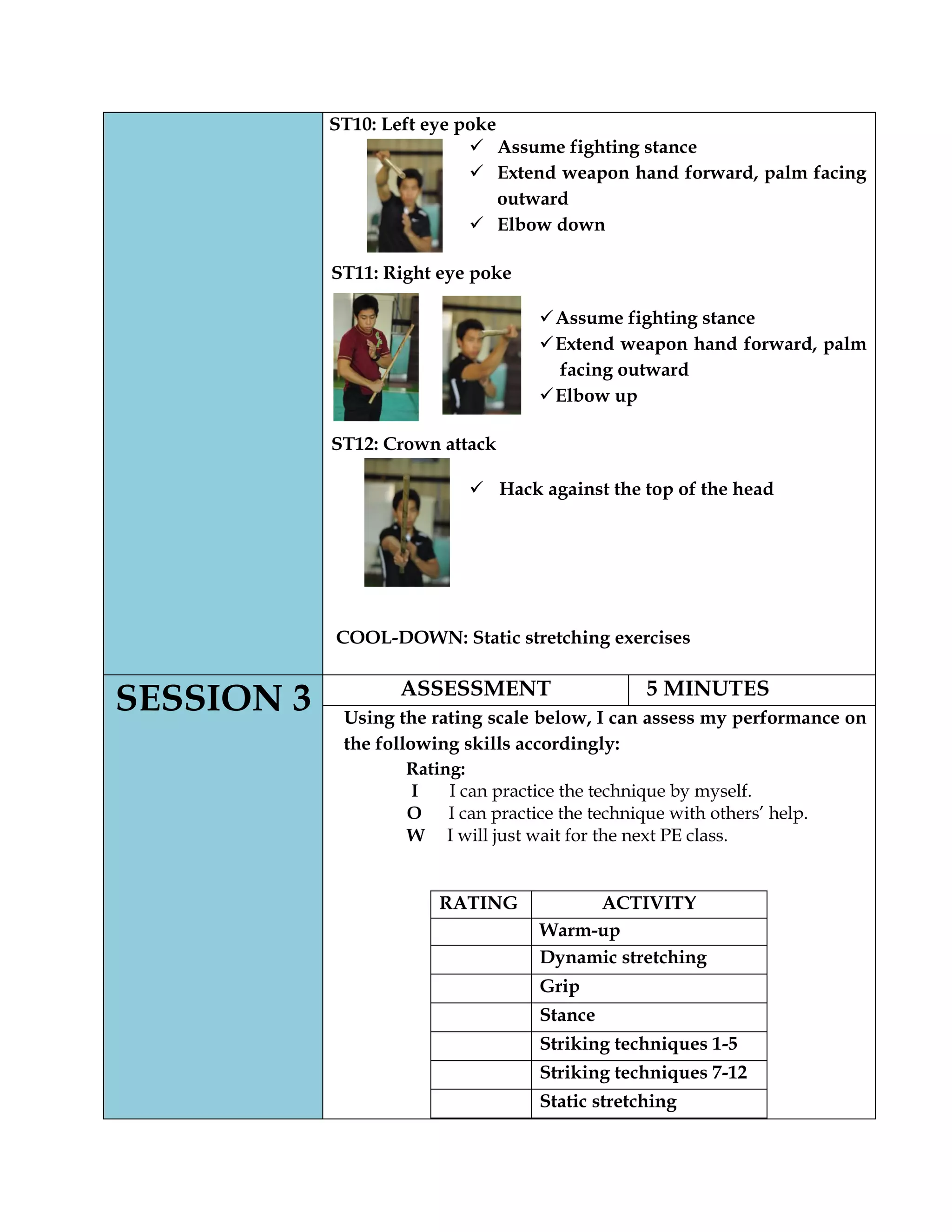 ST10: Left eye poke
 Assume fighting stance
 Extend weapon hand forward, palm facing
outward
 Elbow down
ST11: Right eye poke
Assume fighting stance
Extend weapon hand forward, palm
facing outward
Elbow up
ST12: Crown attack
 Hack against the top of the head
COOL-DOWN: Static stretching exercises
SESSION 3 ASSESSMENT 5 MINUTES
Using the rating scale below, I can assess my performance on
the following skills accordingly:
Rating:
I I can practice the technique by myself.
O I can practice the technique with others’ help.
W I will just wait for the next PE class.
RATING ACTIVITY
Warm-up
Dynamic stretching
Grip
Stance
Striking techniques 1-5
Striking techniques 7-12
Static stretching
 