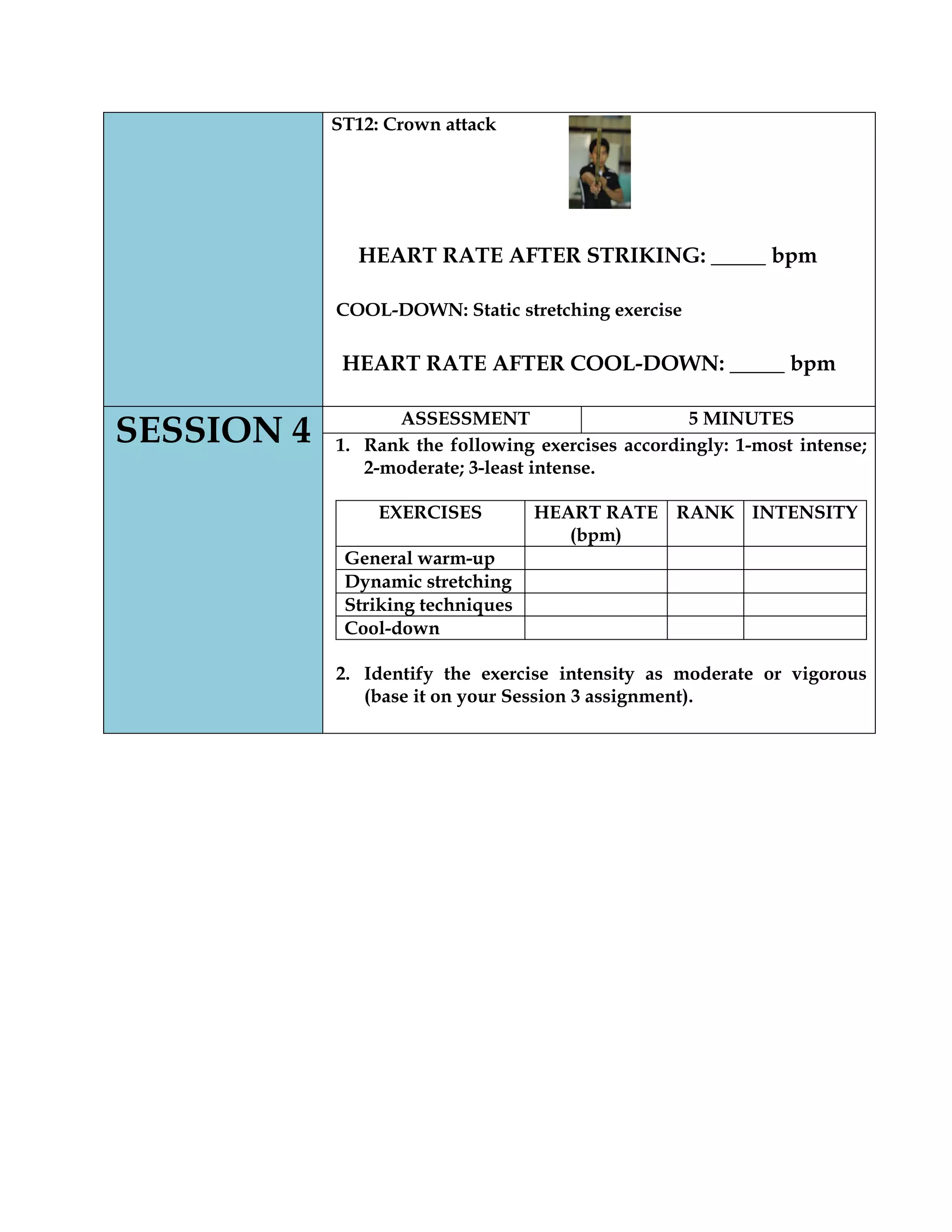ST12: Crown attack
HEART RATE AFTER STRIKING: _____ bpm
COOL-DOWN: Static stretching exercise
HEART RATE AFTER COOL-DOWN: _____ bpm
SESSION 4 ASSESSMENT 5 MINUTES
1. Rank the following exercises accordingly: 1-most intense;
2-moderate; 3-least intense.
EXERCISES HEART RATE
(bpm)
RANK INTENSITY
General warm-up
Dynamic stretching
Striking techniques
Cool-down
2. Identify the exercise intensity as moderate or vigorous
(base it on your Session 3 assignment).
 