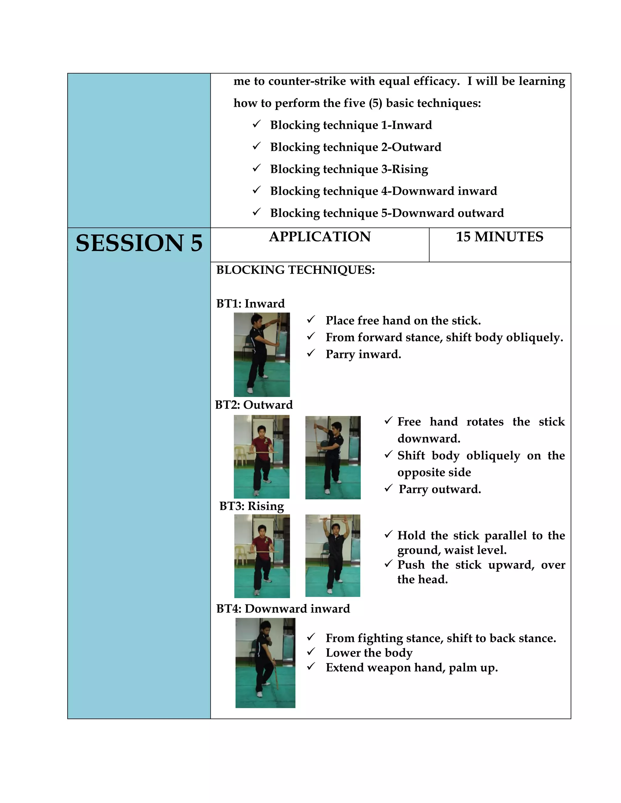 me to counter-strike with equal efficacy. I will be learning
how to perform the five (5) basic techniques:
 Blocking technique 1-Inward
 Blocking technique 2-Outward
 Blocking technique 3-Rising
 Blocking technique 4-Downward inward
 Blocking technique 5-Downward outward
SESSION 5 APPLICATION 15 MINUTES
BLOCKING TECHNIQUES:
BT1: Inward
 Place free hand on the stick.
 From forward stance, shift body obliquely.
 Parry inward.
BT2: Outward
 Free hand rotates the stick
downward.
 Shift body obliquely on the
opposite side
 Parry outward.
BT3: Rising
 Hold the stick parallel to the
ground, waist level.
 Push the stick upward, over
the head.
BT4: Downward inward
 From fighting stance, shift to back stance.
 Lower the body
 Extend weapon hand, palm up.
 