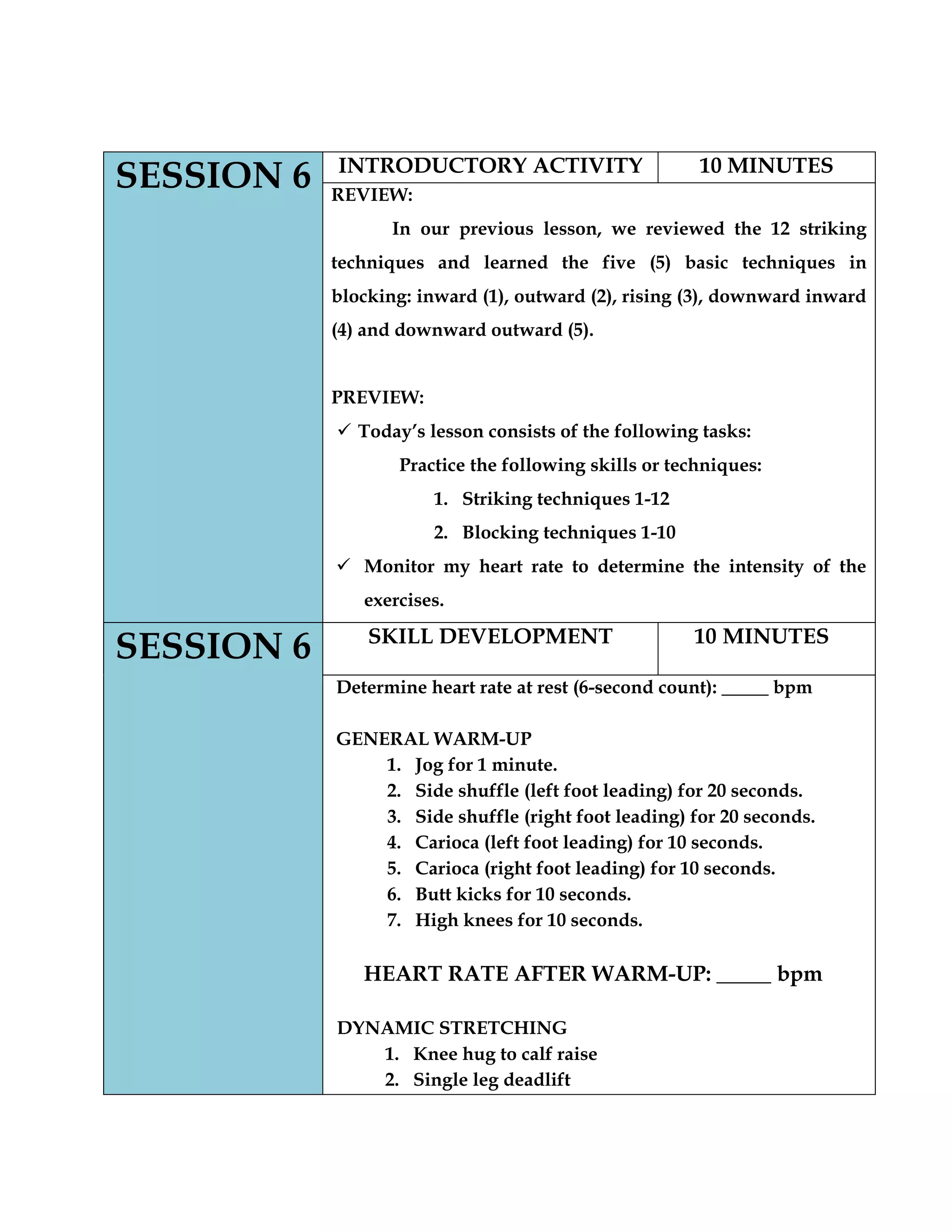 SESSION 6 INTRODUCTORY ACTIVITY 10 MINUTES
REVIEW:
In our previous lesson, we reviewed the 12 striking
techniques and learned the five (5) basic techniques in
blocking: inward (1), outward (2), rising (3), downward inward
(4) and downward outward (5).
PREVIEW:
 Today’s lesson consists of the following tasks:
Practice the following skills or techniques:
1. Striking techniques 1-12
2. Blocking techniques 1-10
 Monitor my heart rate to determine the intensity of the
exercises.
SESSION 6 SKILL DEVELOPMENT 10 MINUTES
Determine heart rate at rest (6-second count): _____ bpm
GENERAL WARM-UP
1. Jog for 1 minute.
2. Side shuffle (left foot leading) for 20 seconds.
3. Side shuffle (right foot leading) for 20 seconds.
4. Carioca (left foot leading) for 10 seconds.
5. Carioca (right foot leading) for 10 seconds.
6. Butt kicks for 10 seconds.
7. High knees for 10 seconds.
HEART RATE AFTER WARM-UP: _____ bpm
DYNAMIC STRETCHING
1. Knee hug to calf raise
2. Single leg deadlift
 