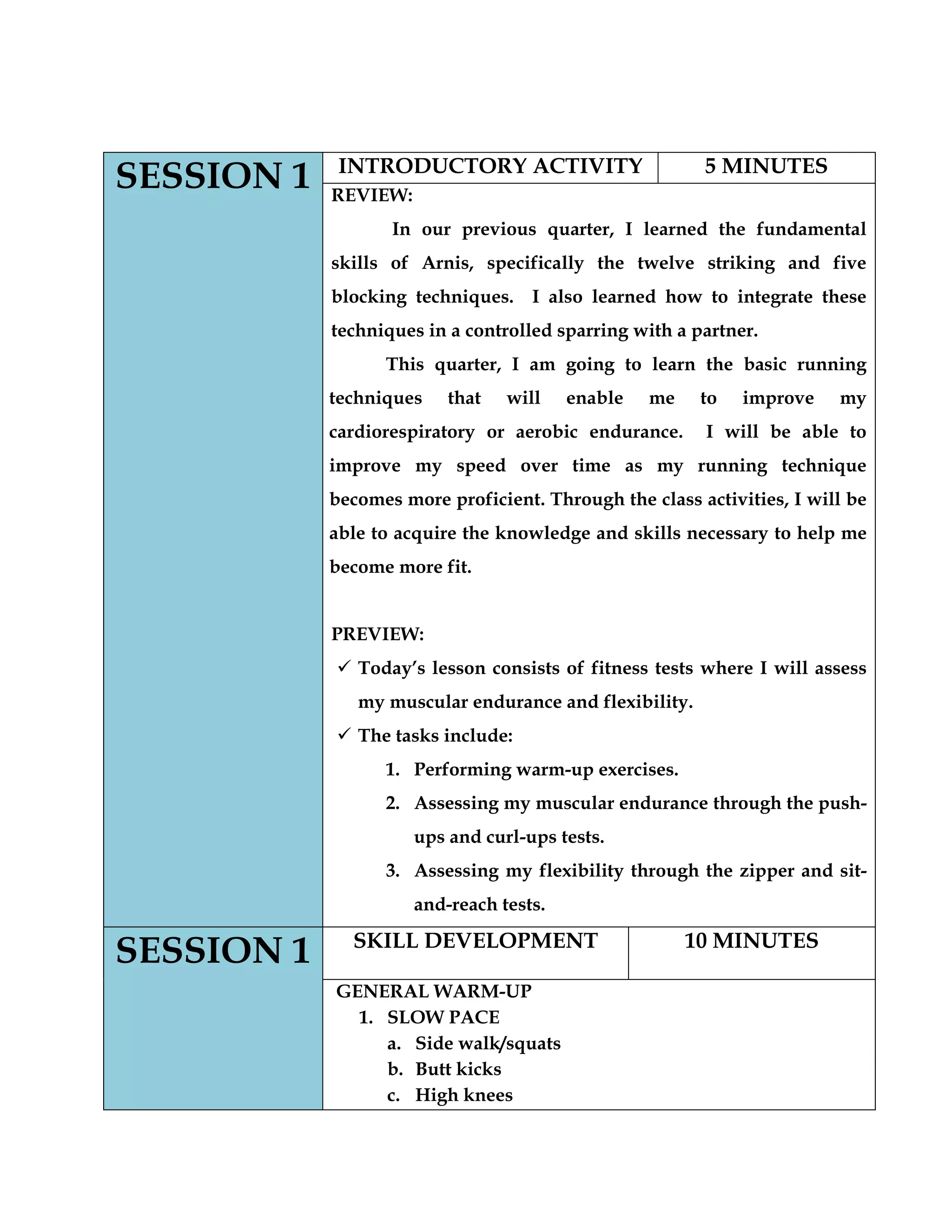 SESSION 1 INTRODUCTORY ACTIVITY 5 MINUTES
REVIEW:
In our previous quarter, I learned the fundamental
skills of Arnis, specifically the twelve striking and five
blocking techniques. I also learned how to integrate these
techniques in a controlled sparring with a partner.
This quarter, I am going to learn the basic running
techniques that will enable me to improve my
cardiorespiratory or aerobic endurance. I will be able to
improve my speed over time as my running technique
becomes more proficient. Through the class activities, I will be
able to acquire the knowledge and skills necessary to help me
become more fit.
PREVIEW:
 Today‟s lesson consists of fitness tests where I will assess
my muscular endurance and flexibility.
 The tasks include:
1. Performing warm-up exercises.
2. Assessing my muscular endurance through the push-
ups and curl-ups tests.
3. Assessing my flexibility through the zipper and sit-
and-reach tests.
SESSION 1 SKILL DEVELOPMENT 10 MINUTES
GENERAL WARM-UP
1. SLOW PACE
a. Side walk/squats
b. Butt kicks
c. High knees
 