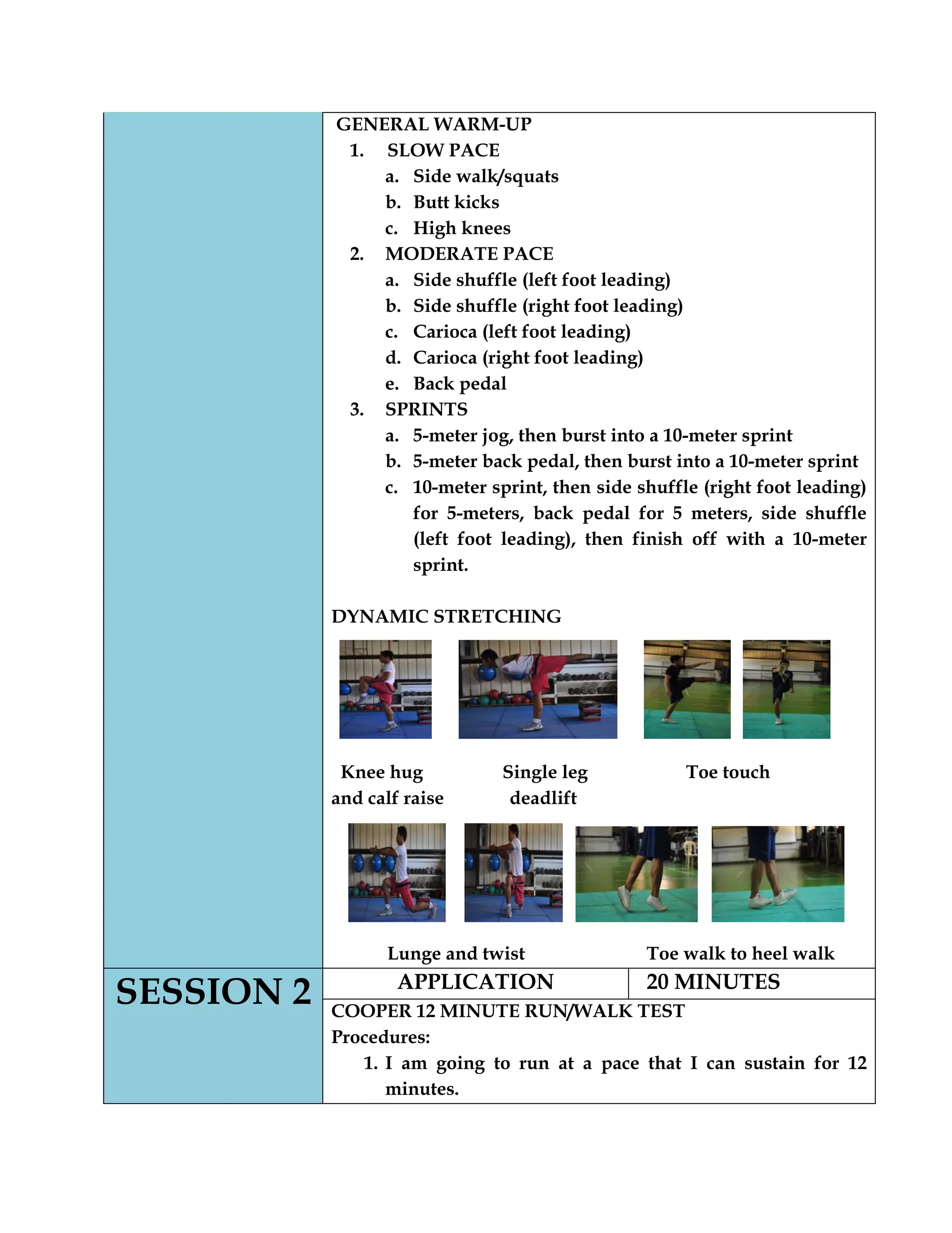 GENERAL WARM-UP
1. SLOW PACE
a. Side walk/squats
b. Butt kicks
c. High knees
2. MODERATE PACE
a. Side shuffle (left foot leading)
b. Side shuffle (right foot leading)
c. Carioca (left foot leading)
d. Carioca (right foot leading)
e. Back pedal
3. SPRINTS
a. 5-meter jog, then burst into a 10-meter sprint
b. 5-meter back pedal, then burst into a 10-meter sprint
c. 10-meter sprint, then side shuffle (right foot leading)
for 5-meters, back pedal for 5 meters, side shuffle
(left foot leading), then finish off with a 10-meter
sprint.
DYNAMIC STRETCHING
Knee hug Single leg Toe touch
and calf raise deadlift
Lunge and twist Toe walk to heel walk
SESSION 2 APPLICATION 20 MINUTES
COOPER 12 MINUTE RUN/WALK TEST
Procedures:
1. I am going to run at a pace that I can sustain for 12
minutes.
 
