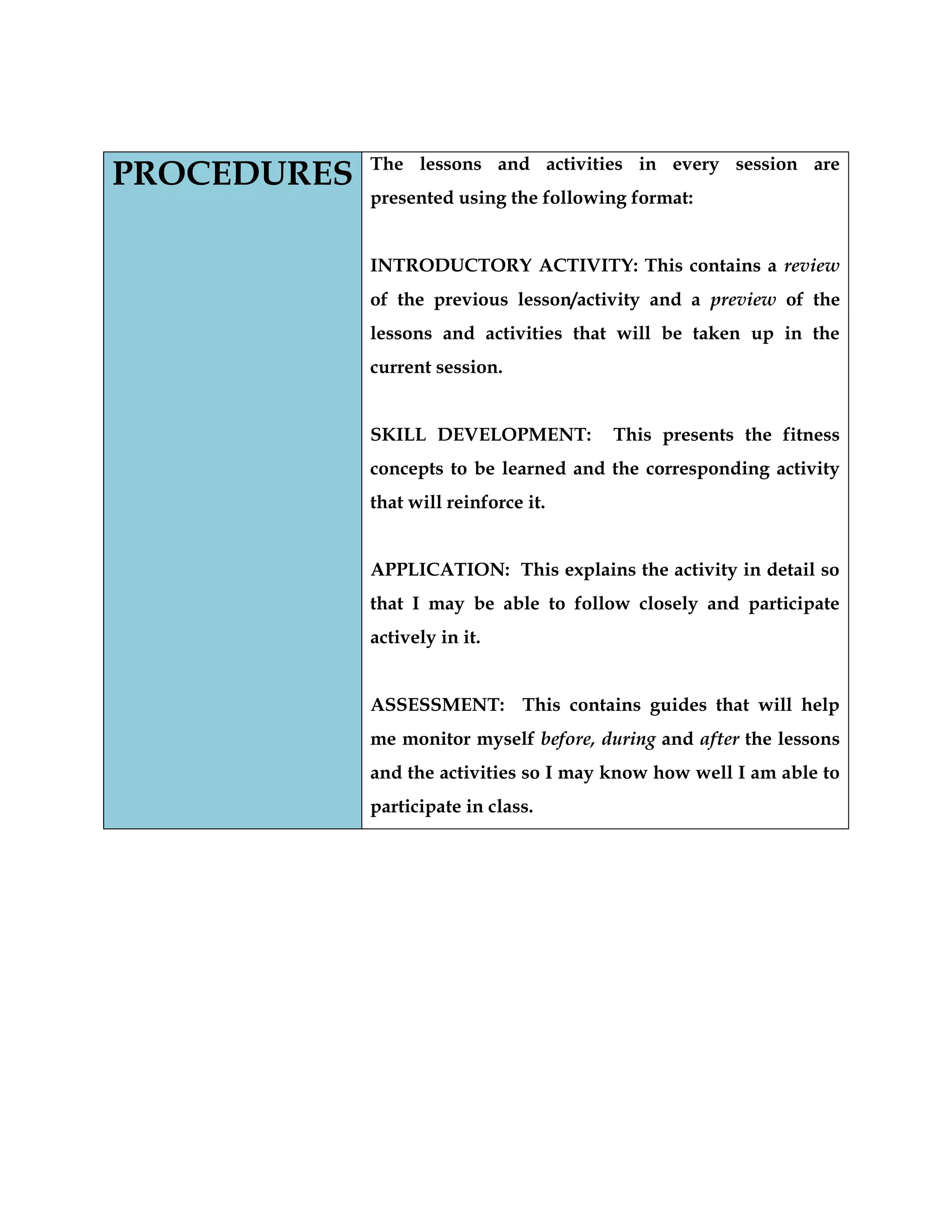 PROCEDURES The lessons and activities in every session are
presented using the following format:
INTRODUCTORY ACTIVITY: This contains a review
of the previous lesson/activity and a preview of the
lessons and activities that will be taken up in the
current session.
SKILL DEVELOPMENT: This presents the fitness
concepts to be learned and the corresponding activity
that will reinforce it.
APPLICATION: This explains the activity in detail so
that I may be able to follow closely and participate
actively in it.
ASSESSMENT: This contains guides that will help
me monitor myself before, during and after the lessons
and the activities so I may know how well I am able to
participate in class.
 