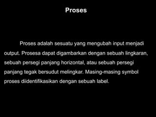 Proses adalah sesuatu yang mengubah input menjadi
output. Prosesa dapat digambarkan dengan sebuah lingkaran,
sebuah persegi panjang horizontal, atau sebuah persegi
panjang tegak bersudut melingkar. Masing-masing symbol
proses diidentifikasikan dengan sebuah label.
Proses
 