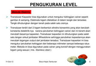 11-Oct-13 Bisrul Hapis Tambunan 8
PENGUKURAN LEVEL
Metoda Elektris
 Transduser Kapasitor bisa digunakan untuk mengukur ketinggian cairan seperti
gambar di samping. Elektroda logam diletakkan di dalam tangki dan terisolasi.
Tangki dihubungkan dengan tanah pada salah satu sisinya.
 Transduser terdiri dari 2 logam berbentuk silindris konsentris yang akan berubah
konstanta dielektrik-nya karena perubahan ketinggian cairan dan ini berarti akan
merubah besarnya kapasitan. Transduser kapasitan ini dihubungkan pada salah
satu lengan sirkuit jembatan Wheatstone sehingga perubahan kapasitannya akan
merubah tegangan output dari jembatan tersebut. Transduser kapasitan ini bisa
mengukur perubahan ketinggian dari beberapa milimeter sampai beberapa ratus
meter. Metoda ini bisa digunakan pada cairan yang korosif dengan menggunakan
logam yang sesuai ( mis. Stainless steel )
 