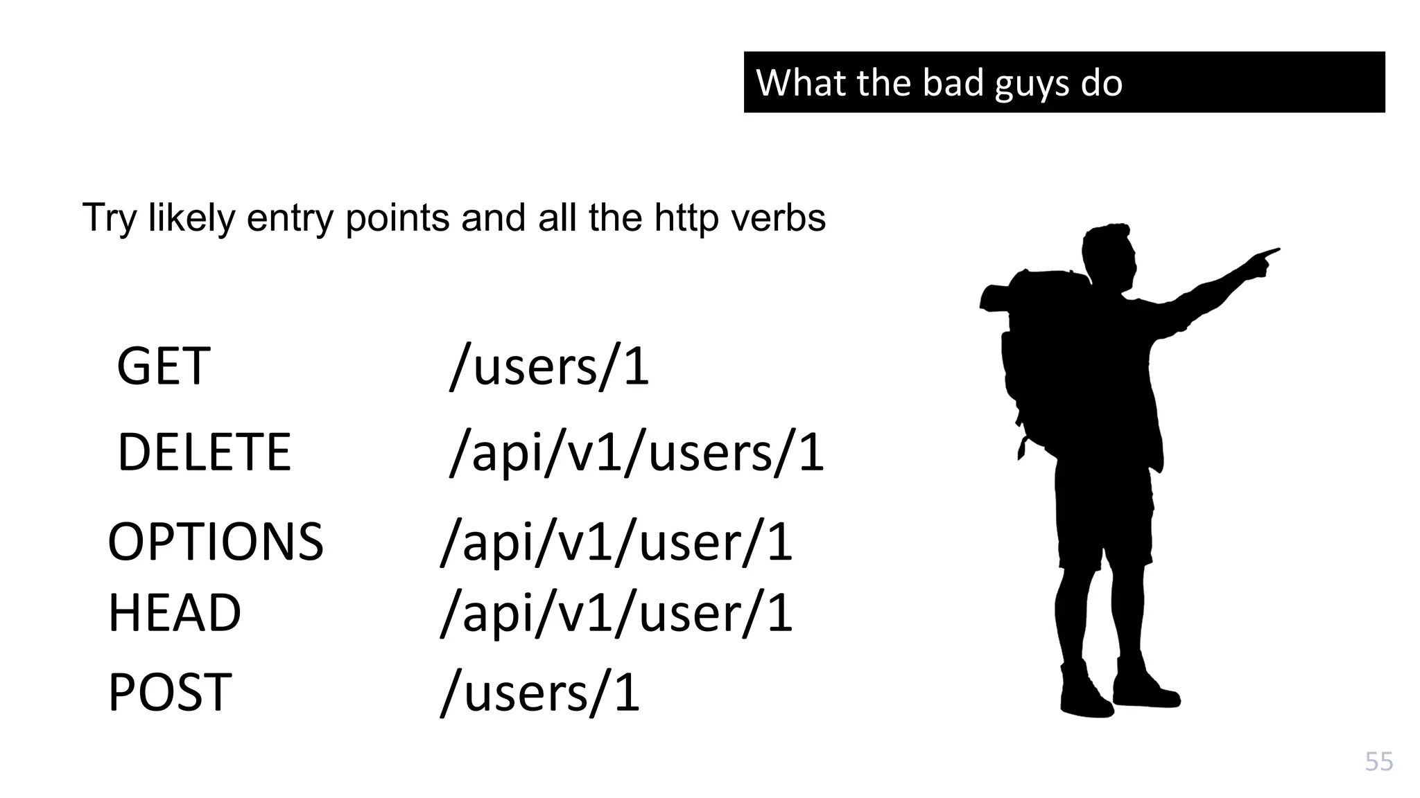 55
Try likely entry points and all the http verbs
GET /users/1
DELETE /api/v1/users/1
OPTIONS /api/v1/user/1
HEAD /api/v1/user/1
POST /users/1
What the bad guys do
 