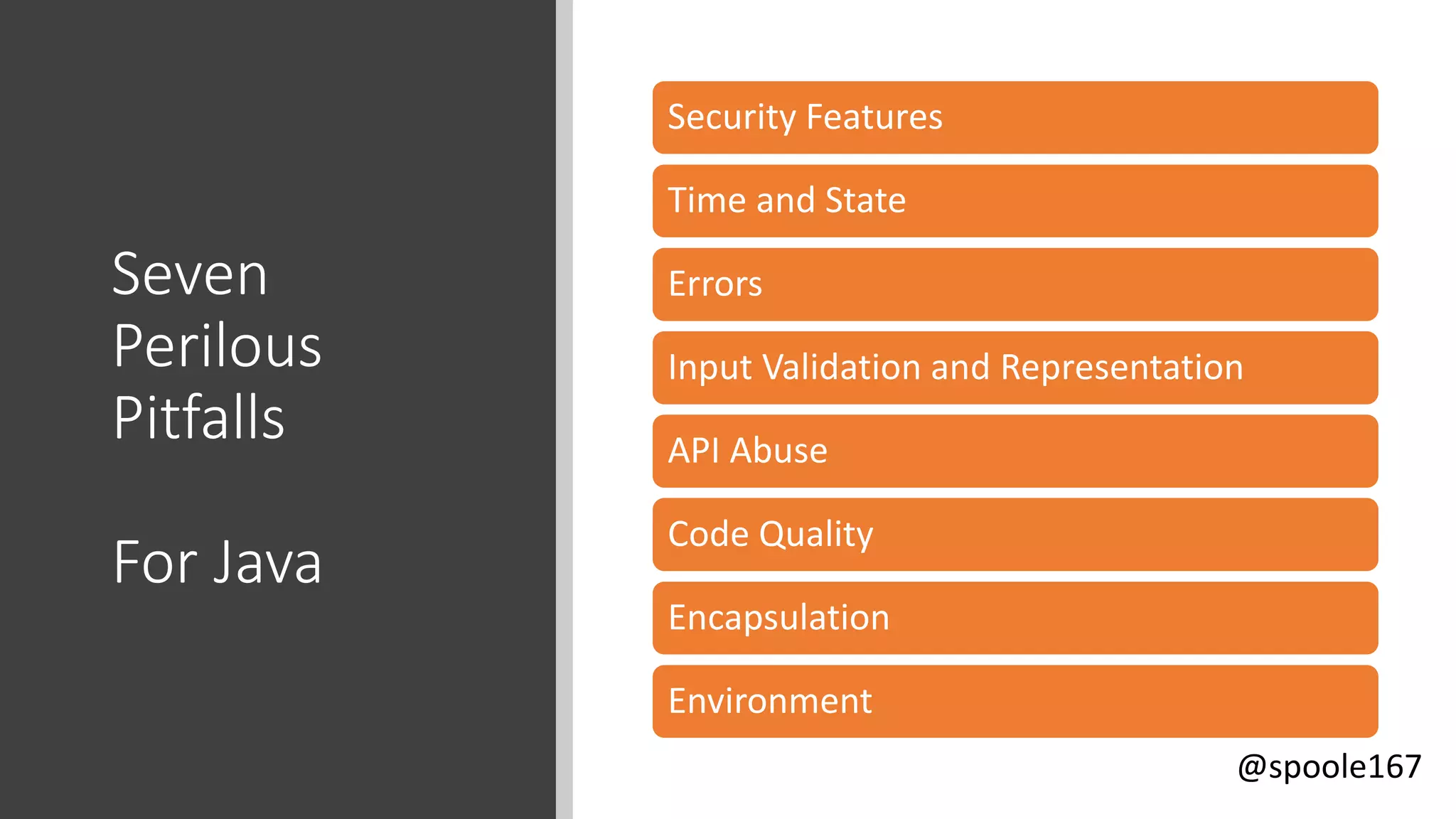 @spoole167
Seven
Perilous
Pitfalls
For Java
Security Features
Time and State
Errors
Input Validation and Representation
API Abuse
Code Quality
Encapsulation
Environment
 