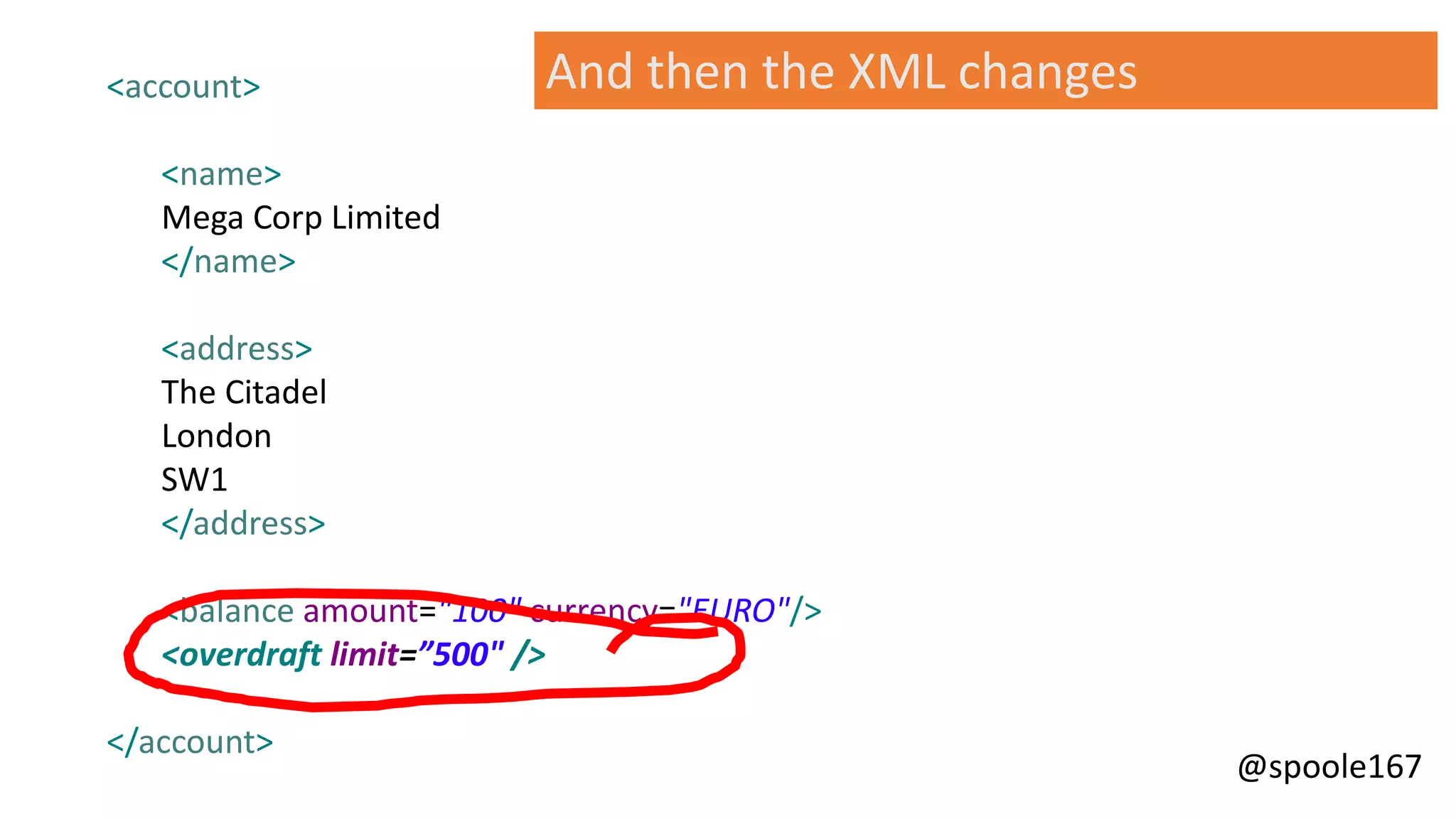 @spoole167
<account>
<name>
Mega Corp Limited
</name>
<address>
The Citadel
London
SW1
</address>
<balance amount="100" currency="EURO"/>
<overdraft limit=”500" />
</account>
And then the XML changes
 